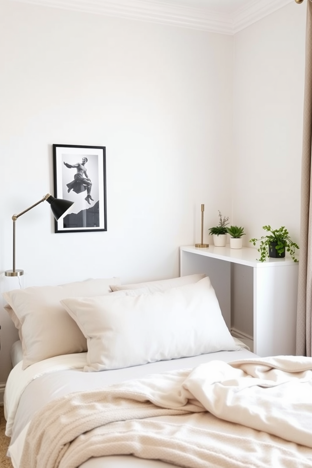 A cozy small bedroom featuring a corner desk to maximize space efficiency. The bed is positioned against the wall with soft linens and decorative pillows, while the corner desk is elegantly styled with a minimalist lamp and a few potted plants.