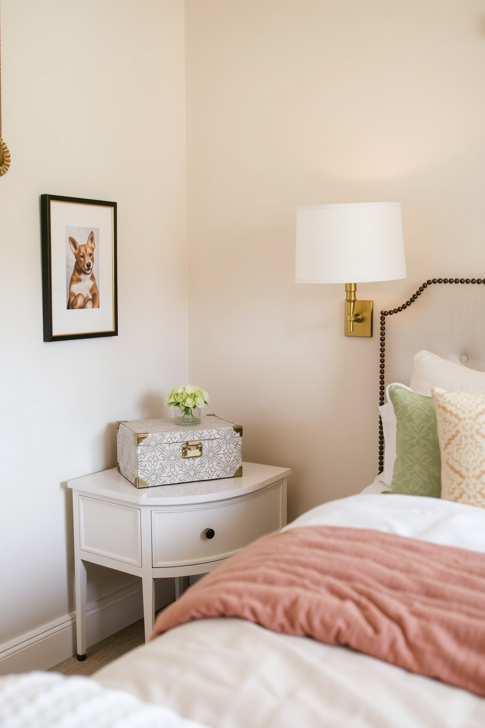 A cozy small bedroom featuring decorative boxes for stylish storage. The walls are painted in soft pastel colors, and a comfortable bed with plush bedding is positioned against one wall. In one corner, a stylish nightstand holds a decorative box that complements the room's color scheme. A small bookshelf displays additional decorative boxes, creating a functional yet aesthetically pleasing space.