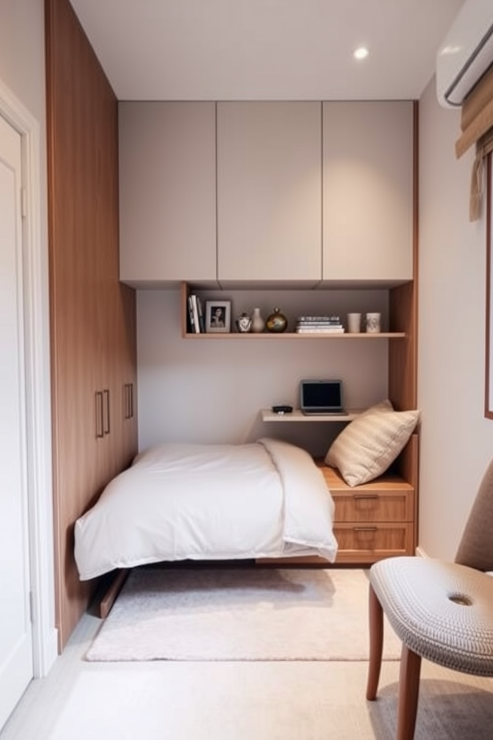 A small bedroom featuring a sleek Murphy bed that folds up into the wall to create more floor space. A compact desk is integrated into the design, allowing for a workspace that can be easily hidden away when not in use. The color palette consists of soft pastels to enhance the sense of openness. Decorative shelving is installed above the bed, showcasing books and personal items without cluttering the space.