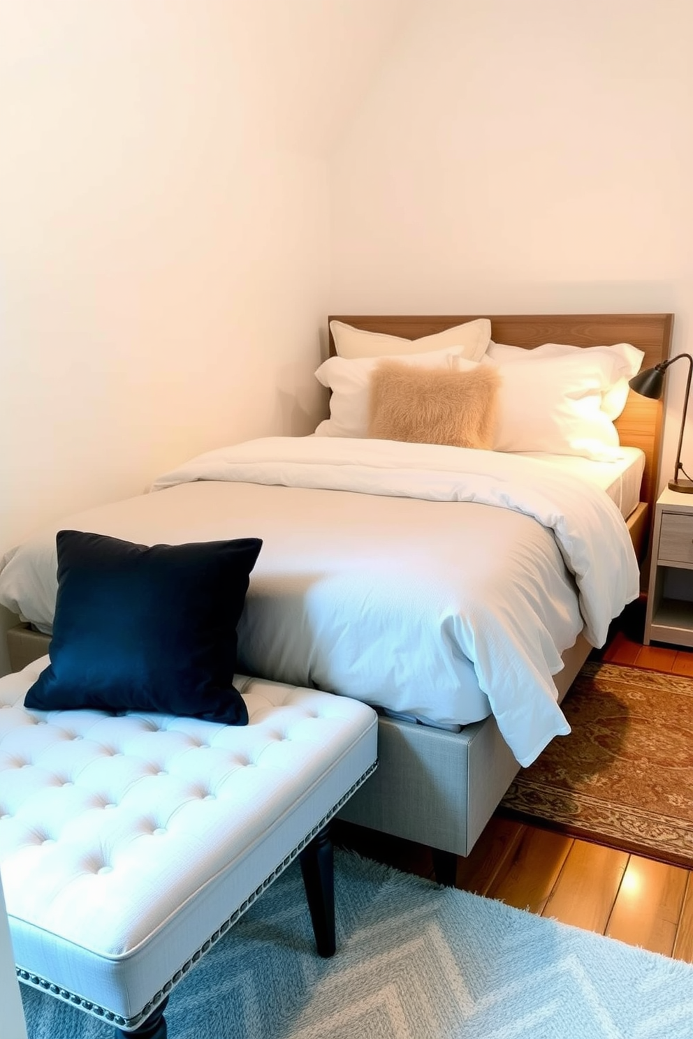 A cozy small bedroom featuring a comfortable bed adorned with soft linens and plush pillows. At the foot of the bed, a stylish small bench offers additional seating and storage, enhancing the room's functionality. The walls are painted in a soft pastel color, creating a serene atmosphere. A compact nightstand with a decorative lamp sits beside the bed, while a small rug adds warmth to the wooden floor.