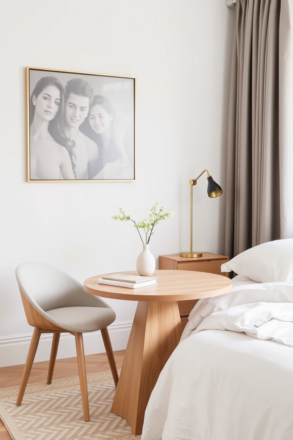 A cozy small bedroom featuring a wall-mounted desk that maximizes floor space. The desk is made of light wood and is positioned beneath a window, allowing natural light to illuminate the workspace. The bed is a compact queen size with a soft, upholstered headboard against a calming pastel-colored wall. A few decorative pillows add a pop of color, and a small shelf above the desk holds books and personal items.