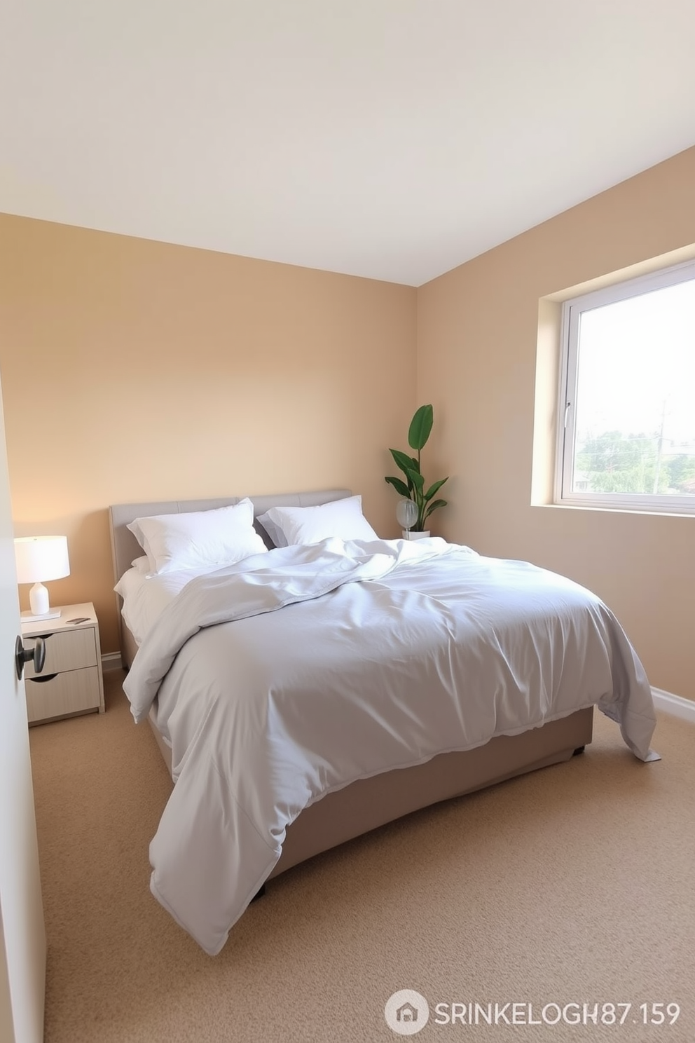 A cozy small bedroom featuring a soft queen-sized bed dressed in light gray linens. A pair of nightstands with sleek lamps flanks the bed, and a large window allows natural light to flood the space. In one corner, a small potted plant adds a touch of greenery, enhancing the room's tranquility. The walls are painted in a warm beige tone, creating an inviting atmosphere that feels spacious and comfortable.