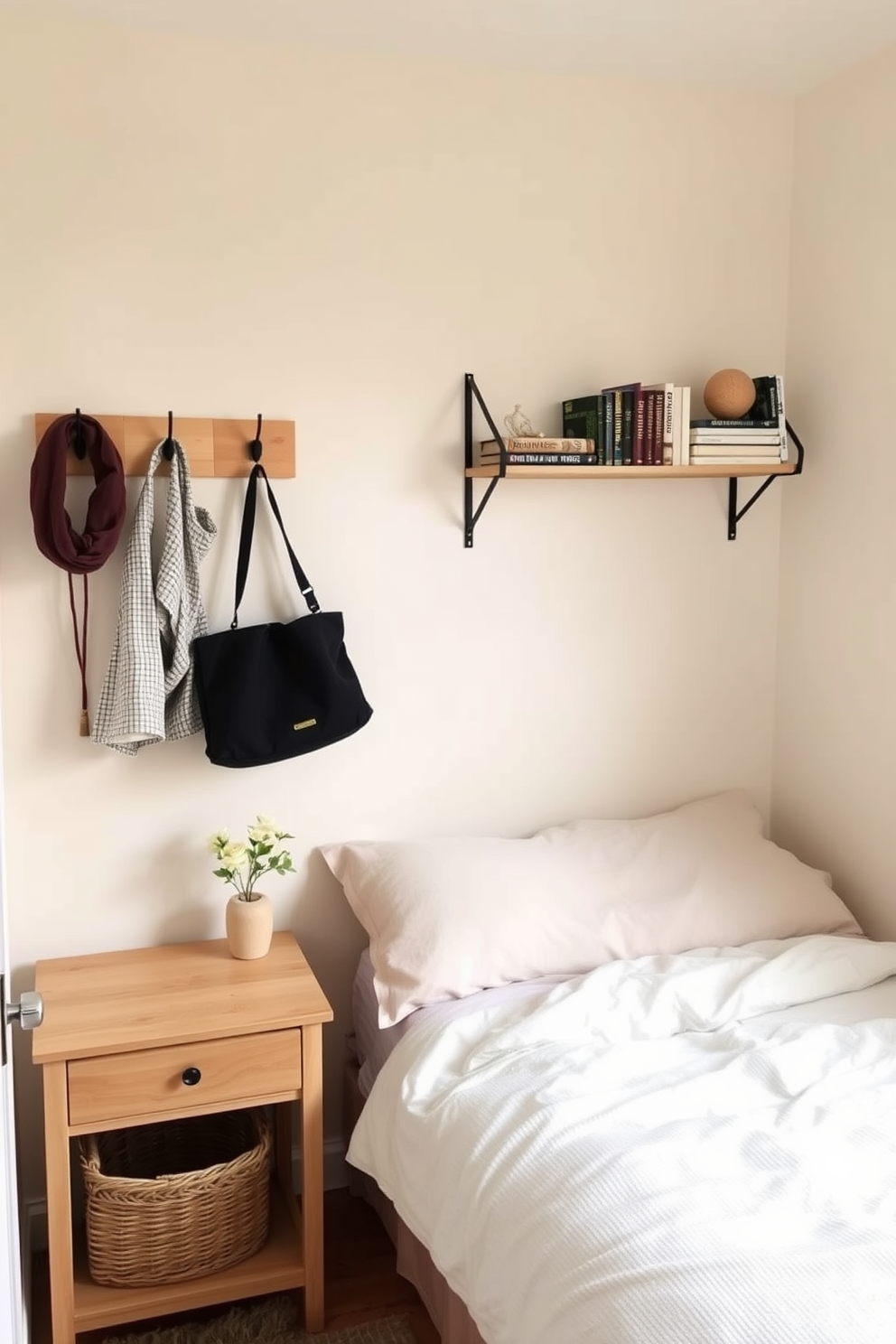 A cozy small bedroom with a soft color palette. The walls are painted in a light pastel shade, and a compact bed is positioned against one wall with plush bedding. Utilize hooks for hanging accessories above the nightstand. A stylish wall-mounted shelf displays books and decorative items, enhancing the room's charm.