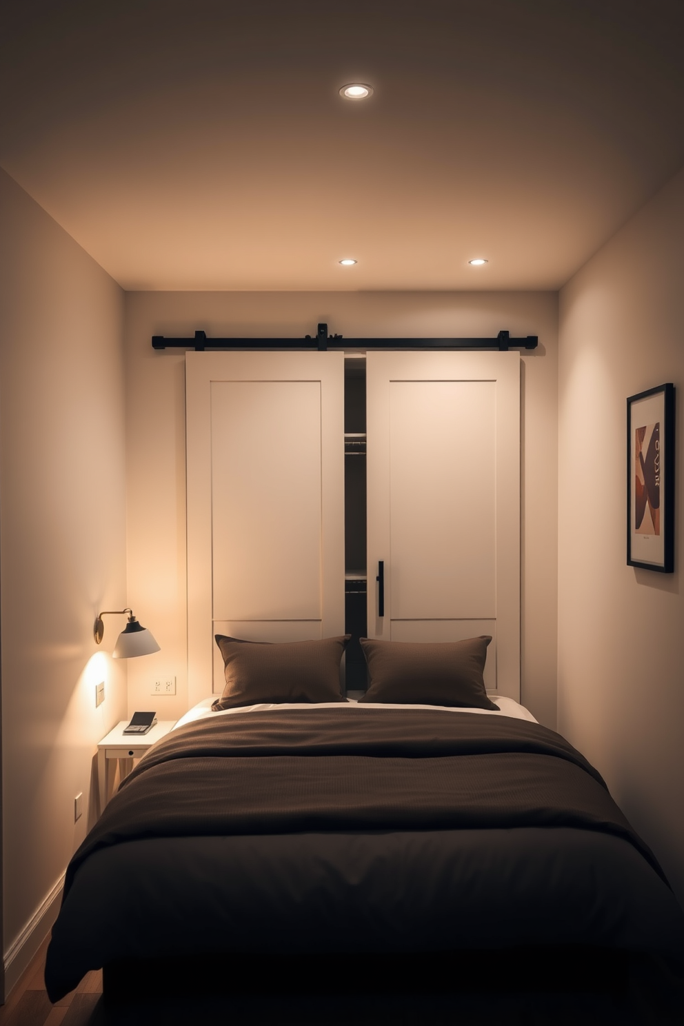 A cozy small bedroom featuring a sliding door that opens to a compact closet, maximizing floor space. The room is adorned with a queen-sized bed flanked by minimalist nightstands, and soft ambient lighting creates a warm atmosphere.