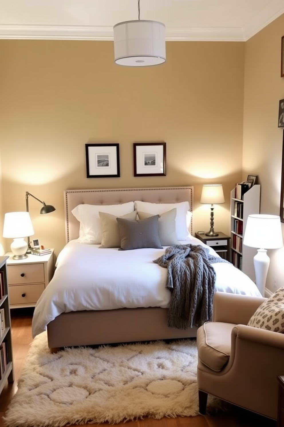 Create a cozy atmosphere with soft lighting in a small bedroom. The walls are painted in a warm beige tone, and a plush area rug lies under a queen-sized bed adorned with fluffy pillows and a knitted throw blanket. A pair of bedside tables with elegant lamps provide gentle illumination. A small reading nook is created by a comfy armchair in the corner, with a bookshelf filled with favorite novels nearby.