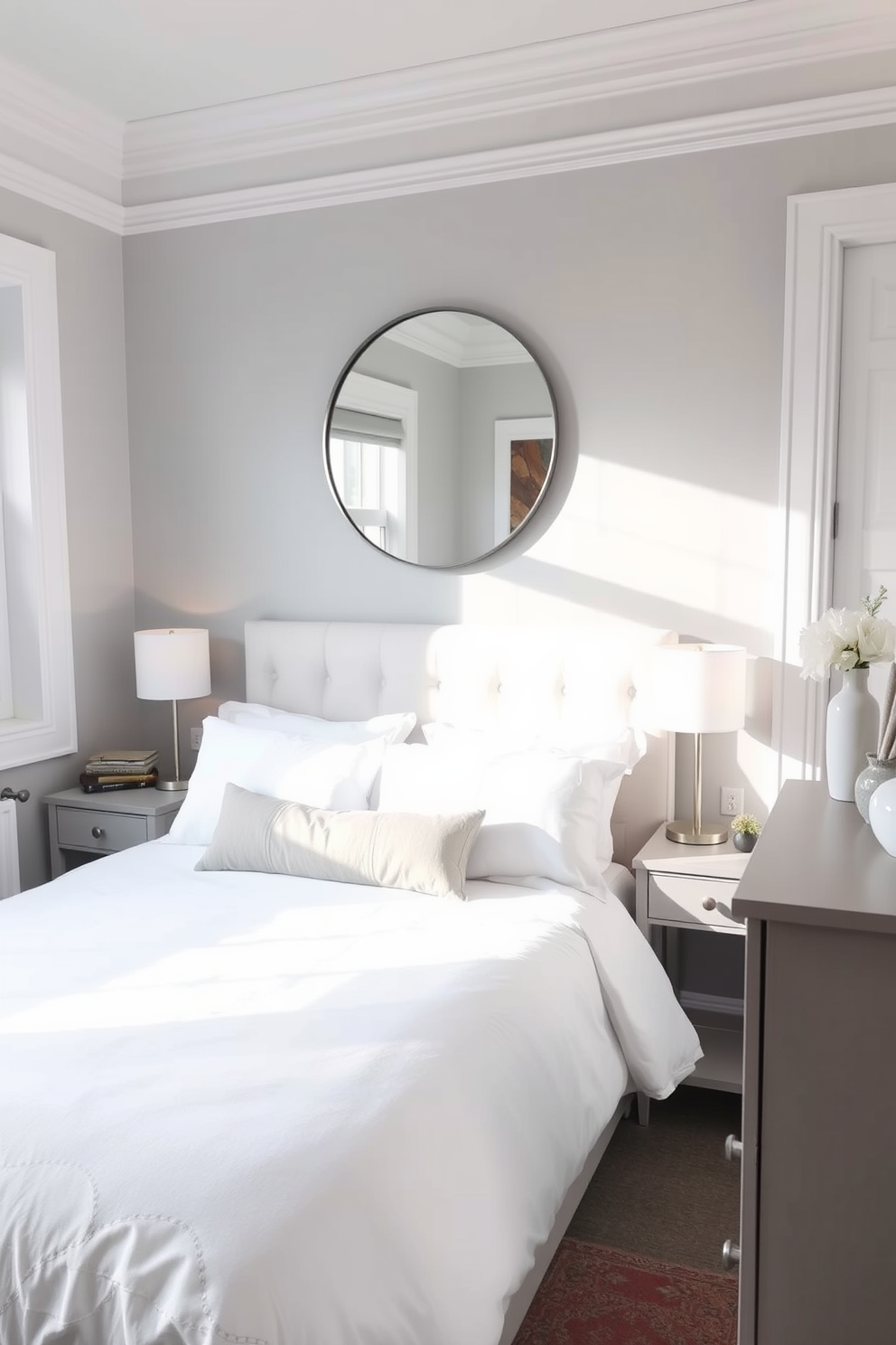 A cozy small bedroom featuring a soft color palette with light gray walls and white trim. The room includes a queen-sized bed with a plush headboard, flanked by two minimalist nightstands with modern lamps. A large round mirror is mounted above the bed, reflecting natural light from a nearby window. A compact dresser sits against the opposite wall, adorned with decorative items that enhance the room's aesthetic.