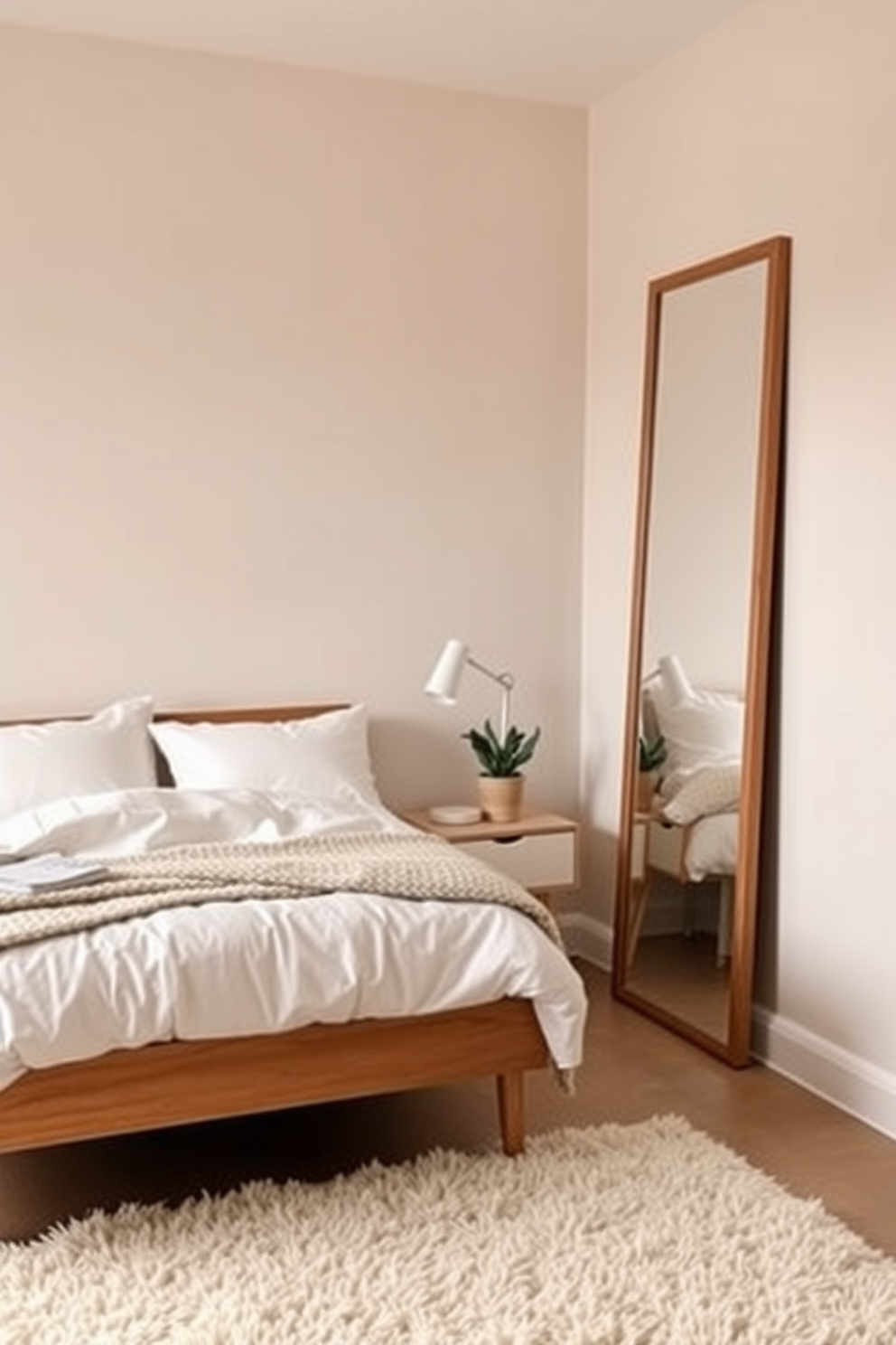 A cozy small bedroom featuring neutral bedding that complements the soft color palette of the room. The walls are painted in a light beige, and a compact wooden bed frame fits snugly against one wall, adorned with fluffy white pillows and a textured throw blanket. A stylish nightstand stands beside the bed, topped with a minimalist lamp and a small potted plant. The floor is covered with a plush area rug that adds warmth, while a full-length mirror leans against the opposite wall, enhancing the sense of space.