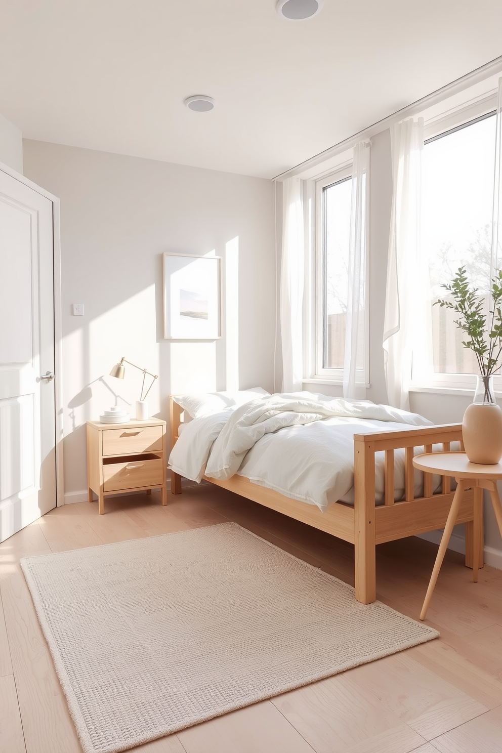 A small bedroom design featuring a light color palette that enhances brightness and creates an airy feel. The walls are painted in a soft pastel shade, complemented by light wood furniture that includes a cozy bed with plush white bedding. A minimalist nightstand holds a small lamp and a few decorative items, while a delicate area rug adds warmth to the space. Large windows allow natural light to flood in, with sheer curtains that gently filter the sunlight.