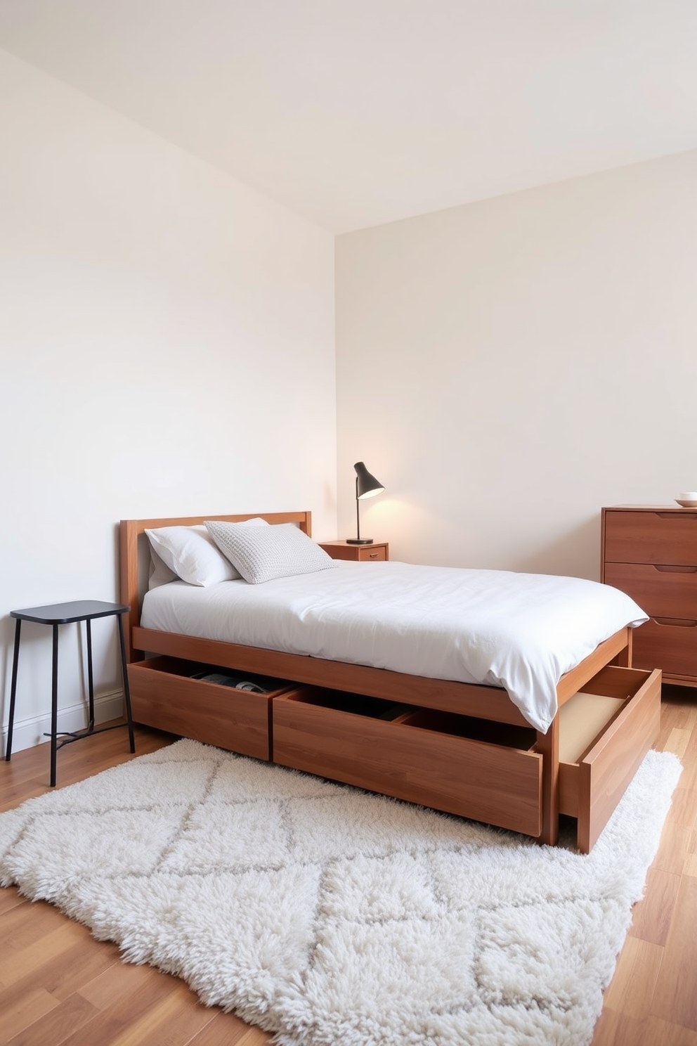 A cozy small bedroom featuring a minimalist bed frame with under-bed storage drawers for hidden items. The walls are painted in a soft pastel hue, and a plush area rug lies beneath the bed, adding warmth to the space. A small nightstand with a stylish lamp is placed next to the bed, providing a functional yet elegant touch. A compact dresser against the opposite wall offers additional storage while maintaining a clean and uncluttered look.