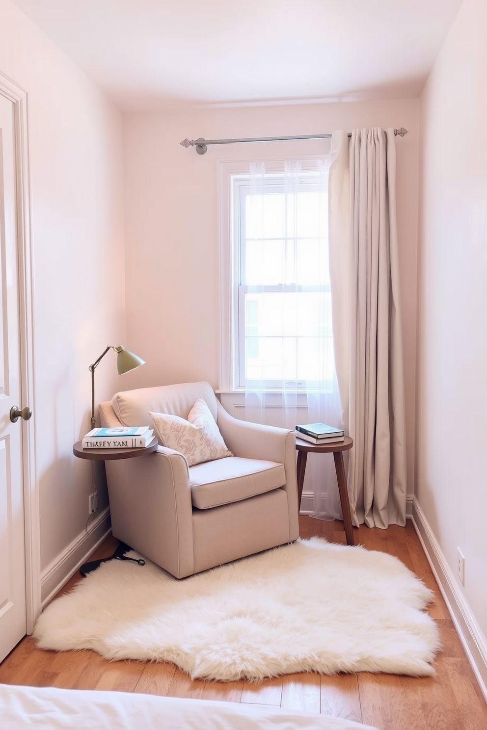 Create a cozy reading nook in the corner of a small bedroom. There is a plush armchair upholstered in soft fabric, accompanied by a small side table holding a stack of books and a warm lamp. The walls are painted in a soft pastel color to enhance the light and airy feel. A fluffy area rug lies beneath the chair, and a window with sheer curtains lets in natural light, creating an inviting atmosphere.