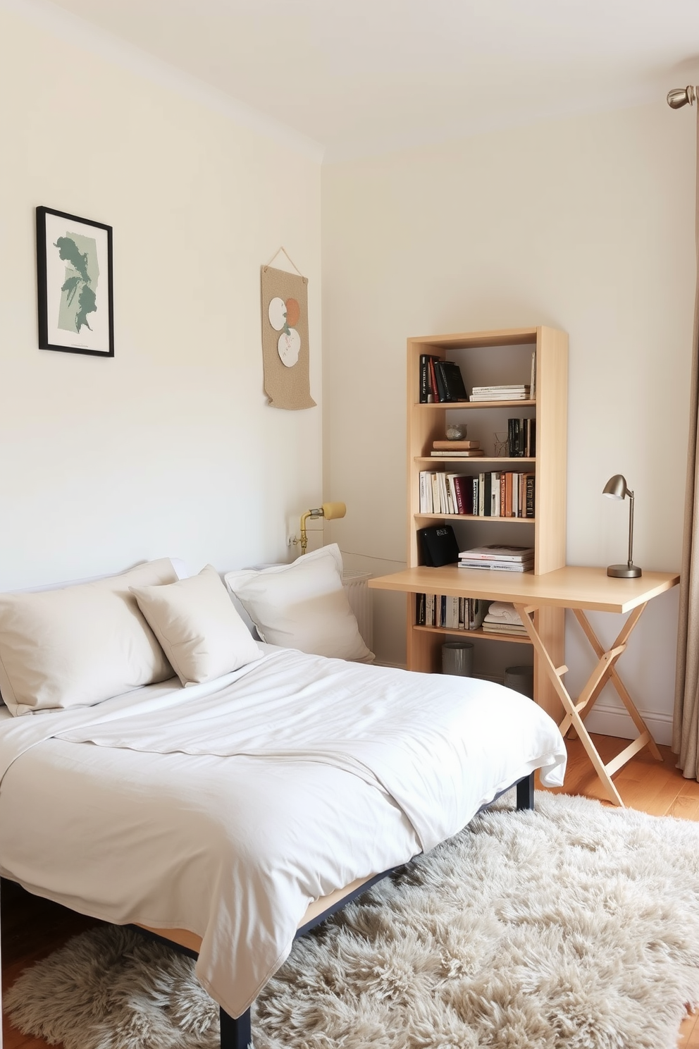 A cozy small bedroom featuring a foldable desk that can be easily tucked away when not in use. The bed is positioned against a wall with soft, neutral bedding, and a small bookshelf sits beside it filled with books and decorative items. The walls are painted in a light pastel color to create an airy feel. A plush area rug lies under the bed, adding warmth and comfort to the space.