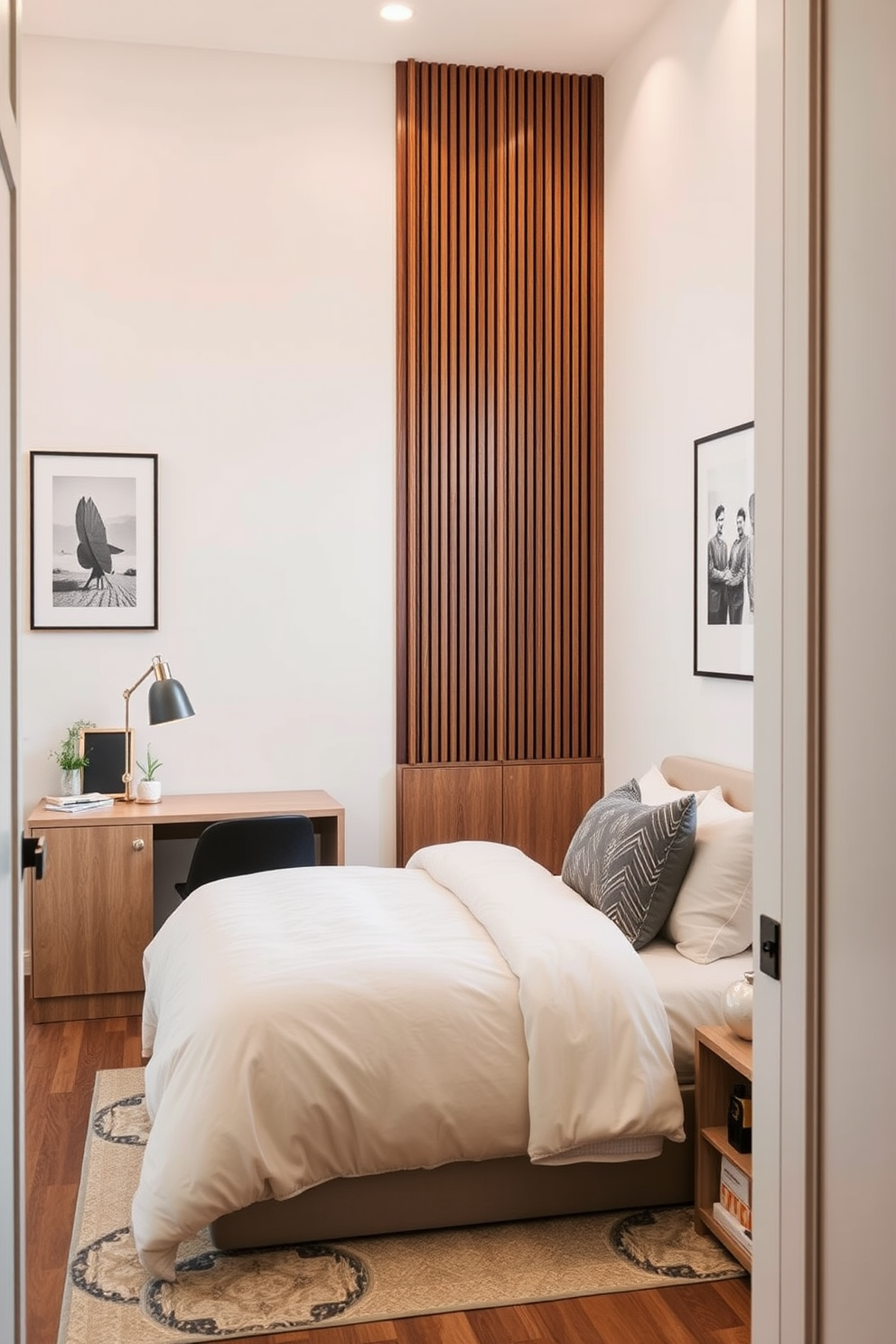 A cozy dining space featuring a foldable table made of light wood with a natural finish. Surrounding the table are four minimalist chairs upholstered in soft gray fabric, creating a welcoming atmosphere. In a small bedroom, a compact bed with built-in storage underneath maximizes space. The walls are painted in a soft pastel color, and a large window allows natural light to fill the room, enhancing the airy feel.