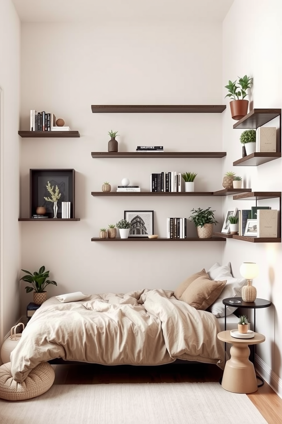 A cozy small bedroom featuring a minimalist design that maximizes vertical space with sleek floating shelves. The walls are painted in a soft pastel color, and a comfortable bed is positioned against one wall, adorned with plush bedding. The shelves are filled with neatly arranged books, decorative items, and plants, adding both functionality and style. A small bedside table with a lamp complements the overall aesthetic, creating a warm and inviting atmosphere.