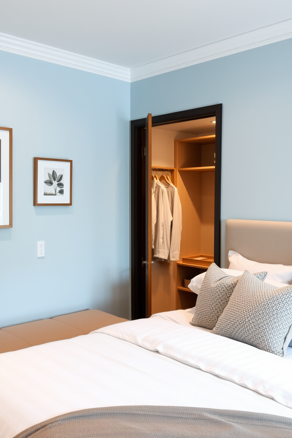 A cozy small bedroom featuring a comfortable bed with soft linens and plush pillows. Next to the bed, there's a small bench for seating, providing a perfect spot to relax or put on shoes. The walls are painted in a calming light blue hue, creating a serene atmosphere. A small closet is integrated into the design, maximizing space while offering stylish storage solutions.