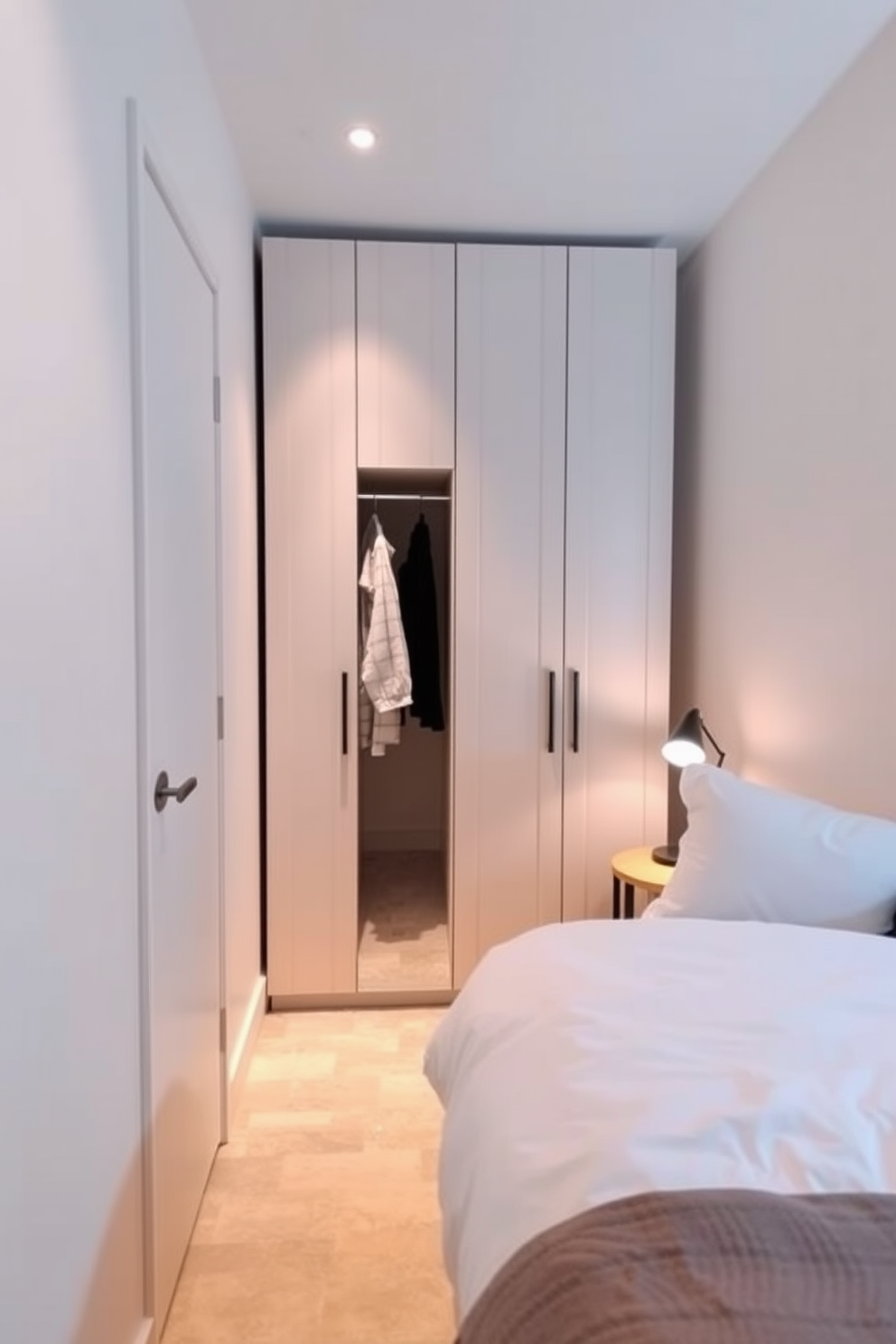 A cozy small bedroom features a pull-out shoe rack integrated into the closet space. The rack is designed with sleek wood and soft-close mechanisms, ensuring easy access and a clutter-free environment.