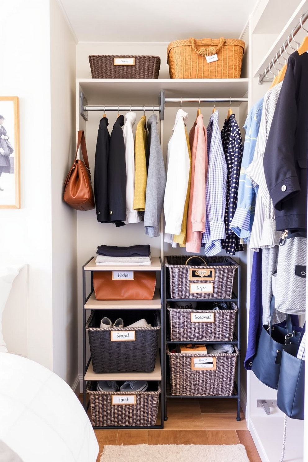 Create a small closet bedroom design that maximizes storage and functionality. Incorporate a seasonal clothing rotation system with labeled bins for easy access to seasonal items. Use a neutral color palette to create a calming atmosphere while adding pops of color through decorative elements. Consider a compact shelving unit and hooks for bags and accessories to keep the space organized and stylish.