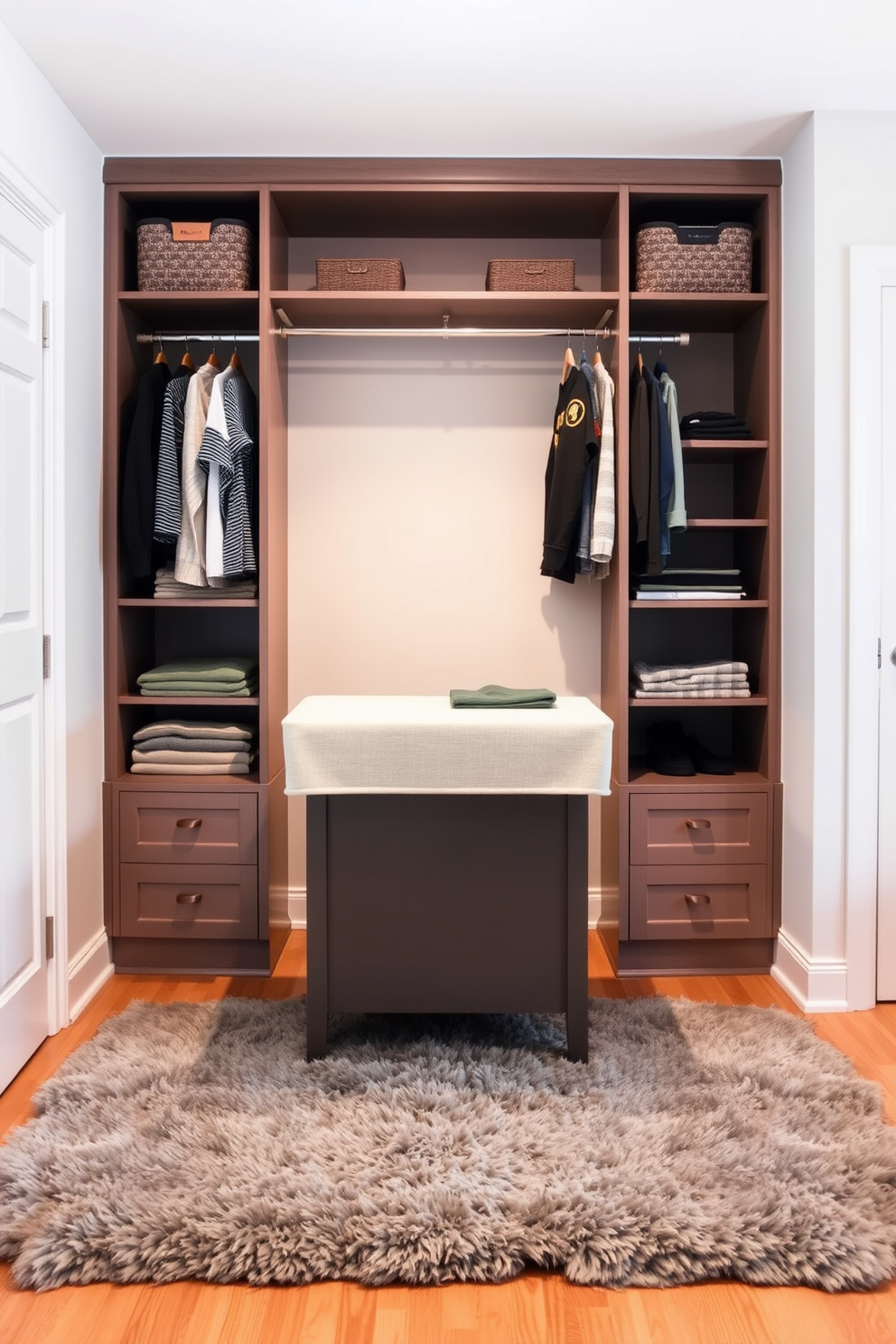 A small bedroom closet features decorative boxes neatly arranged on the shelves, each labeled for easy organization of seasonal items. Soft neutral tones adorn the walls, while a cozy bed with plush bedding complements the inviting atmosphere of the space.