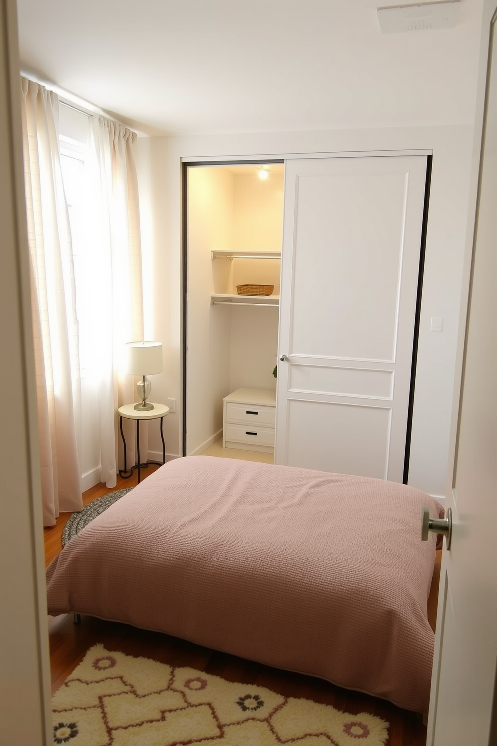 A cozy small bedroom featuring a compact closet with a stylish ladder for high storage. The walls are painted in a soft pastel hue, and a plush bed with decorative pillows sits against one side.