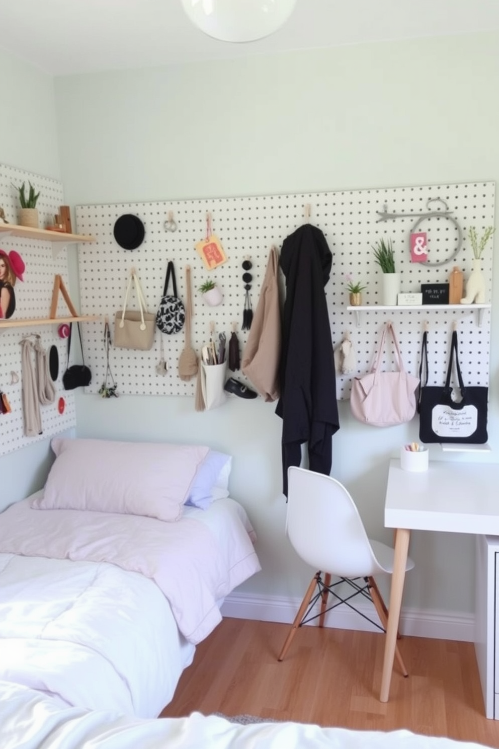 A small bedroom features a versatile pegboard mounted on one wall, providing ample storage for accessories and decor. The space is decorated with soft pastel colors and minimalistic furniture to create a cozy and inviting atmosphere.