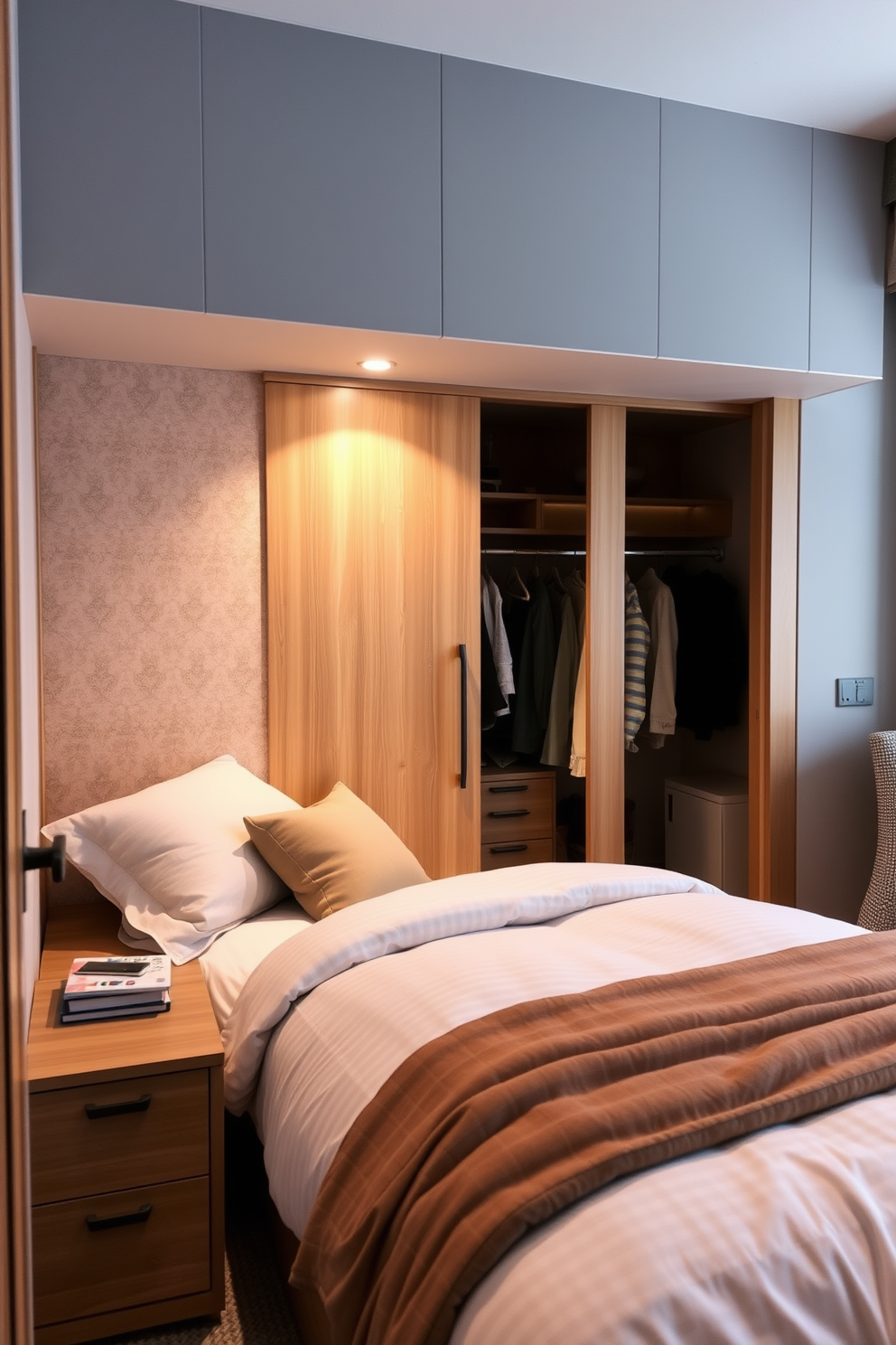 A cozy small closet bedroom design featuring a tension rod creatively used to display scarves and ties. The walls are painted in a soft pastel hue, complementing a minimalist wooden shelving unit that provides additional storage.