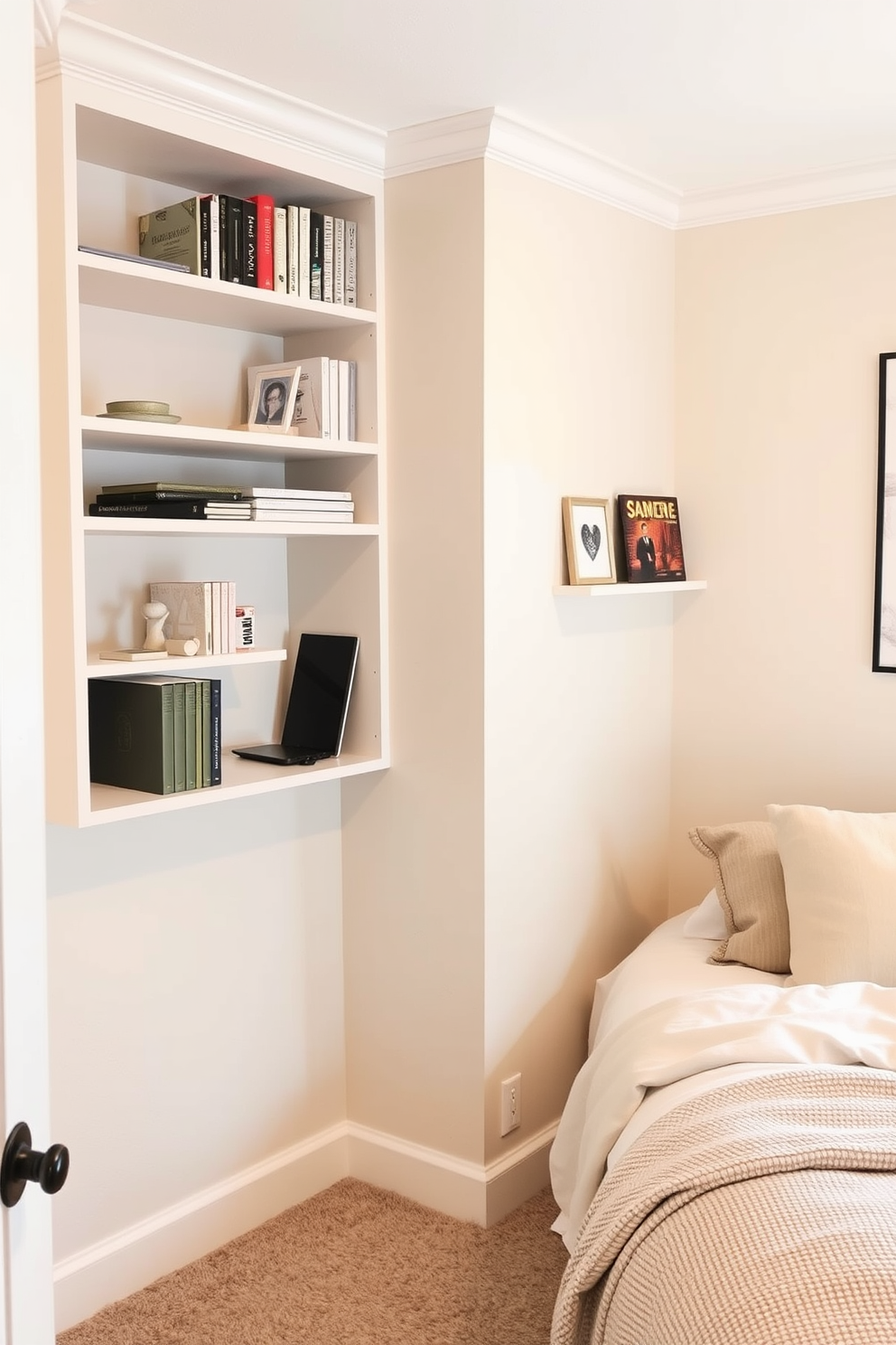 A cozy bedroom featuring a small desk for workspace. The desk is positioned near a window, allowing natural light to illuminate the area. The bed is adorned with soft linens and plush pillows, creating an inviting atmosphere. A small closet is seamlessly integrated into the design, providing ample storage without compromising style.