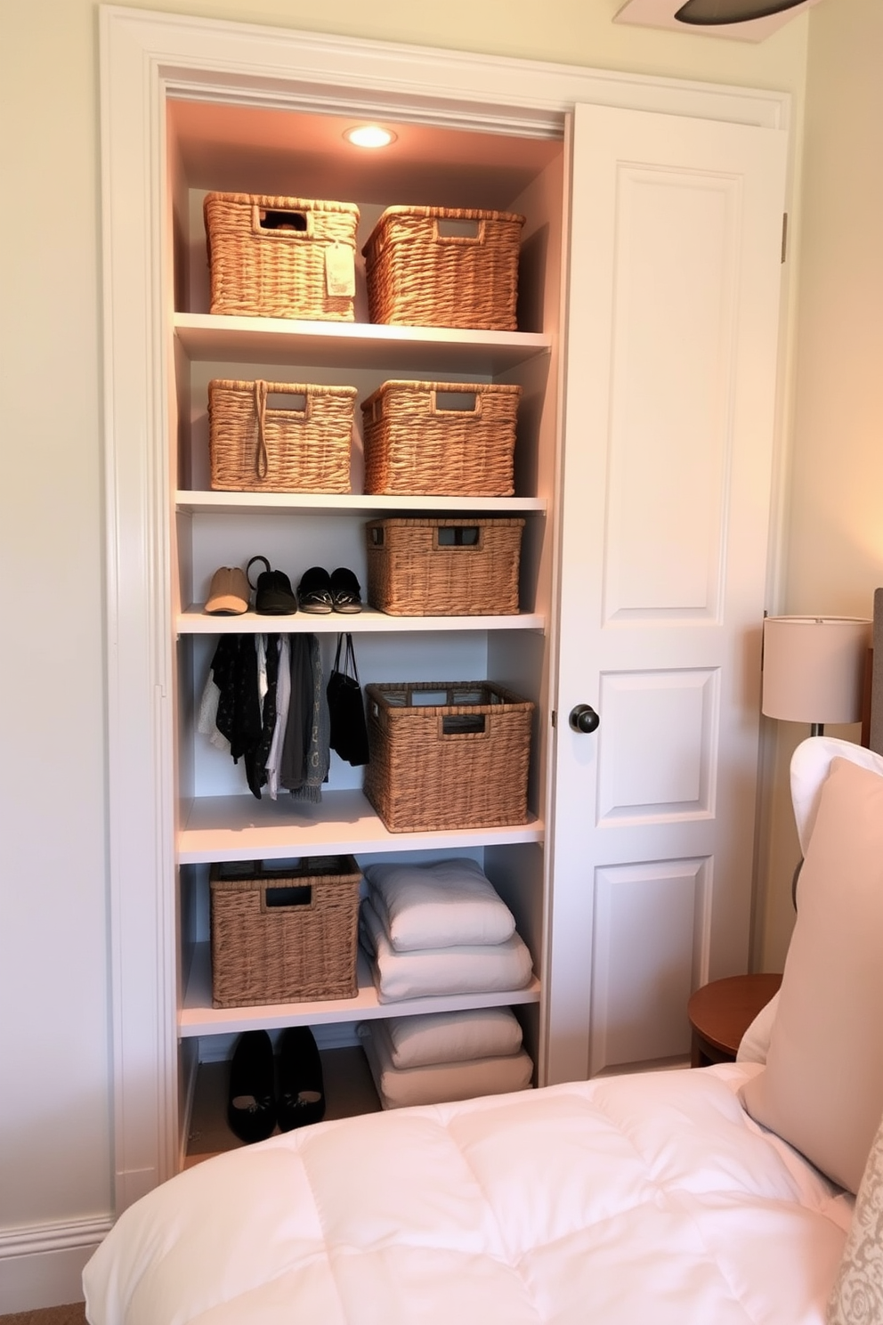 A cozy bedroom featuring a small closet designed for optimal organization. The space includes stylish woven baskets neatly arranged on shelves, providing ample storage for accessories and clothing. Soft lighting illuminates the room, enhancing the warm tones of the decor. A comfortable bed with plush bedding complements the overall inviting atmosphere.