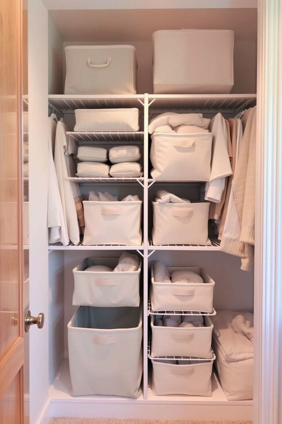 A small bedroom closet features fabric organizers neatly arranged to store delicate items. Soft pastel colors adorn the walls, creating a calming atmosphere that complements the organized space.