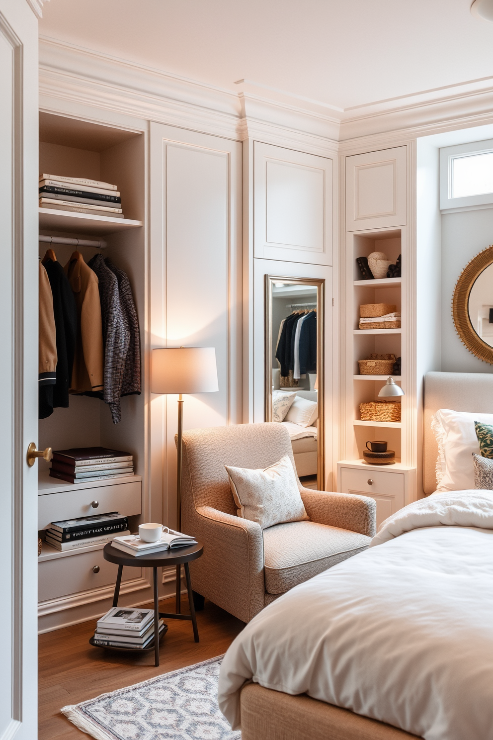 Create a cozy reading nook in the closet with a plush armchair upholstered in soft fabric. Add a small side table for books and a warm throw blanket draped over the chair for comfort. Incorporate built-in shelves on one side of the closet to display your favorite novels and decorative items. Use soft lighting, such as a pendant or wall sconces, to create an inviting atmosphere for reading.