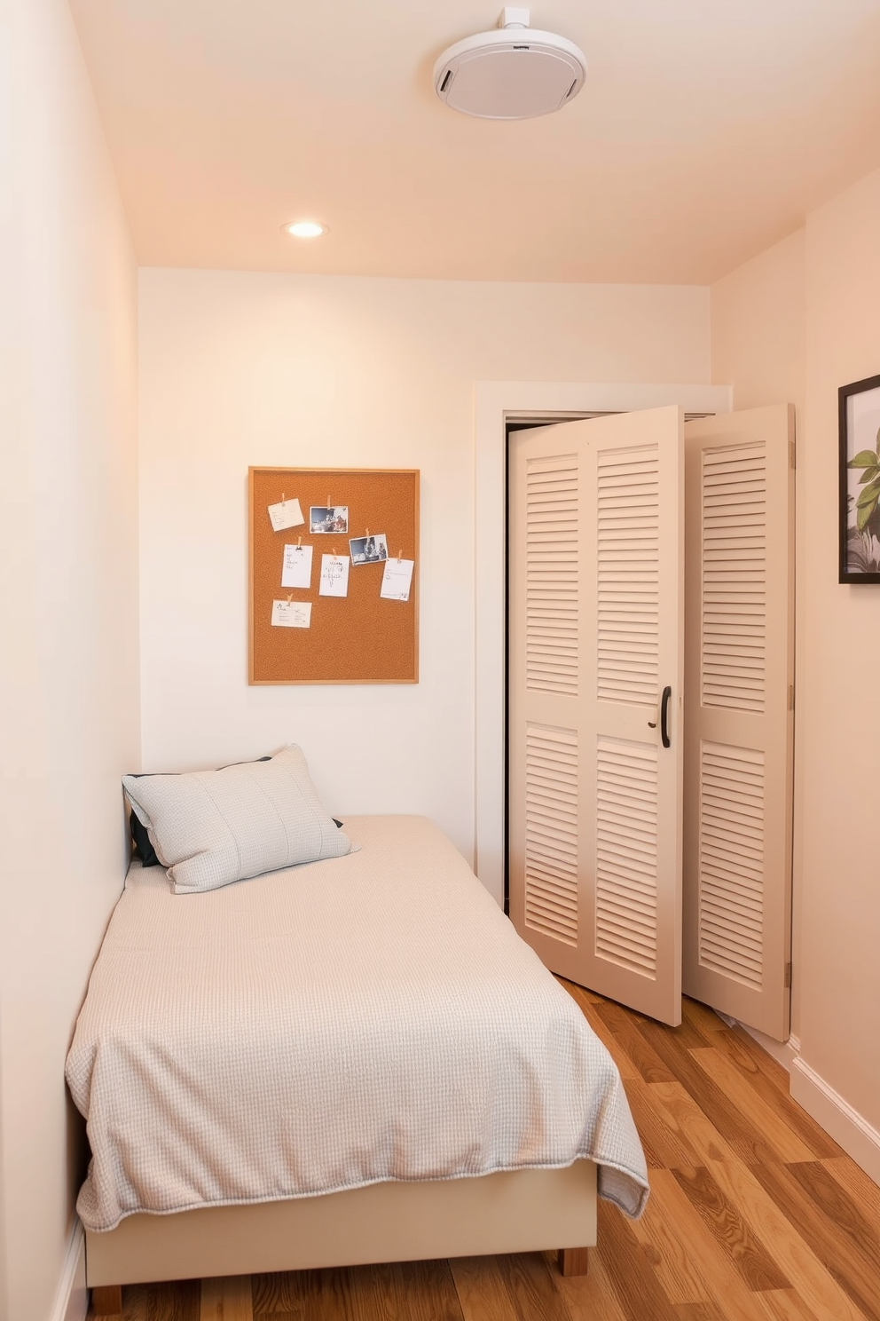 A cozy small bedroom featuring a compact layout with a comfortable bed positioned against one wall. A corkboard is mounted above the bedside table, serving as a space for reminders and personal notes. The walls are painted in a soft pastel color, creating a warm and inviting atmosphere. A small closet with sliding doors is cleverly integrated into the design, maximizing storage while maintaining a clean aesthetic.