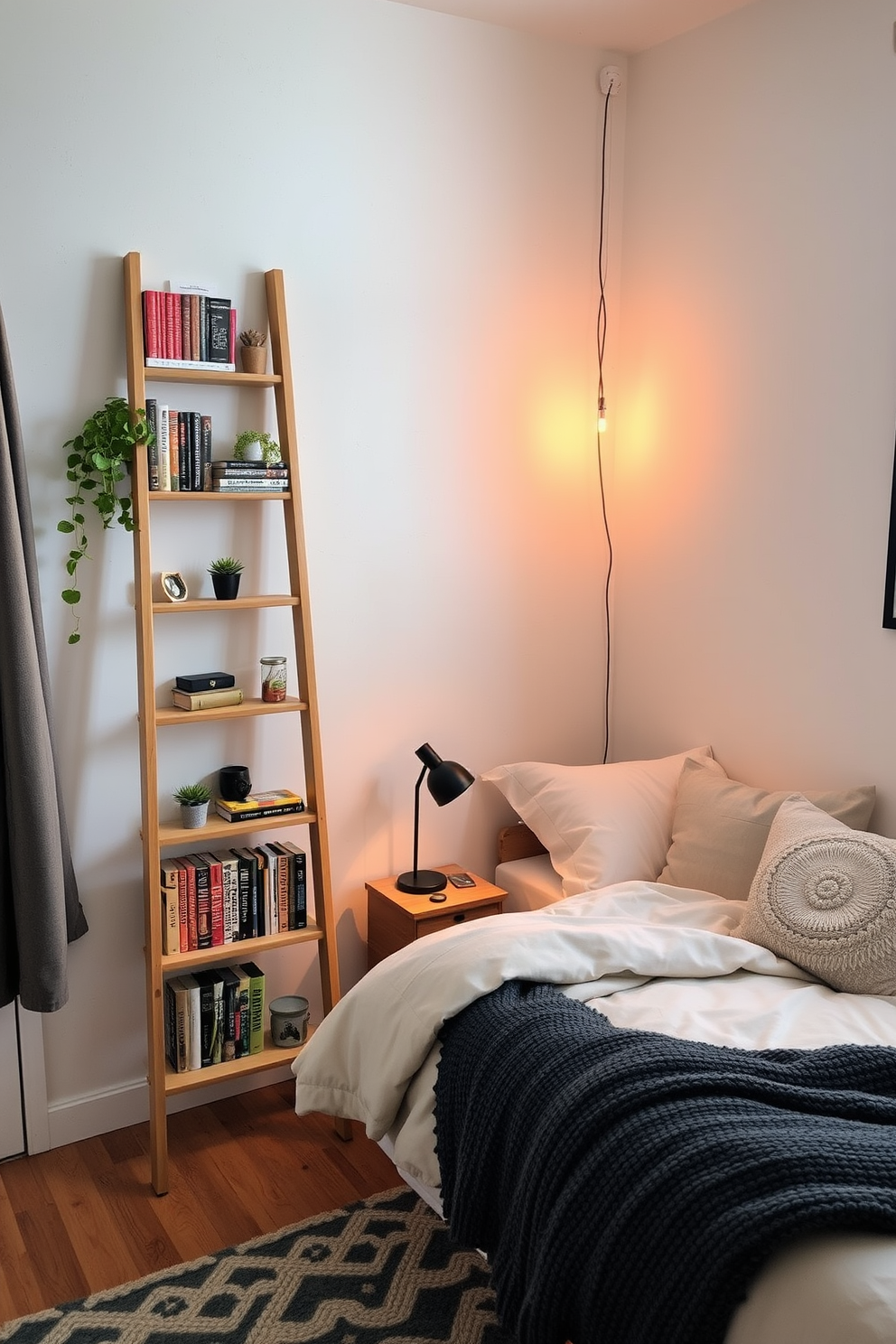 A cozy small bedroom featuring a compact closet with fabric bins for softer storage options. The walls are painted in a light pastel color, and a plush bed is adorned with decorative pillows and a soft throw blanket.