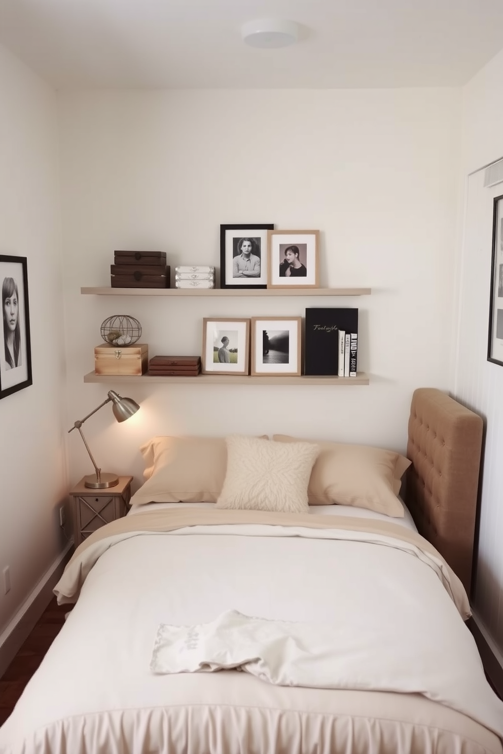 A cozy small bedroom featuring a compact bed with a plush headboard and soft bedding. The walls are painted in a light pastel color, creating an airy feel, while decorative boxes are placed strategically on shelves for a chic touch. In one corner, a small nightstand holds a stylish lamp and a decorative box for storage. A delicate area rug adds warmth to the space, and a few framed pictures are hung above the bed to personalize the room.