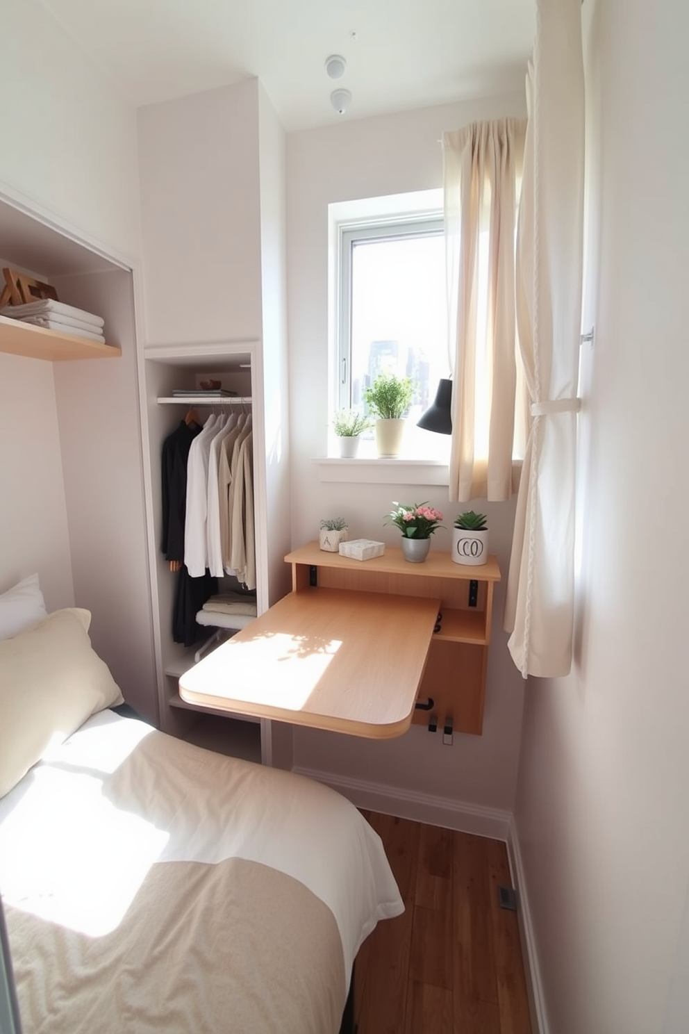 A cozy small bedroom features a fold-down table mounted against the wall, providing an efficient workspace that can be easily tucked away when not in use. The room is adorned with soft, neutral tones, and a plush bed with layered bedding creates an inviting atmosphere. In one corner, a compact closet offers organized storage solutions, while decorative shelves above the table display personal items and plants. Natural light streams in through a window dressed with light curtains, enhancing the room's warmth and functionality.