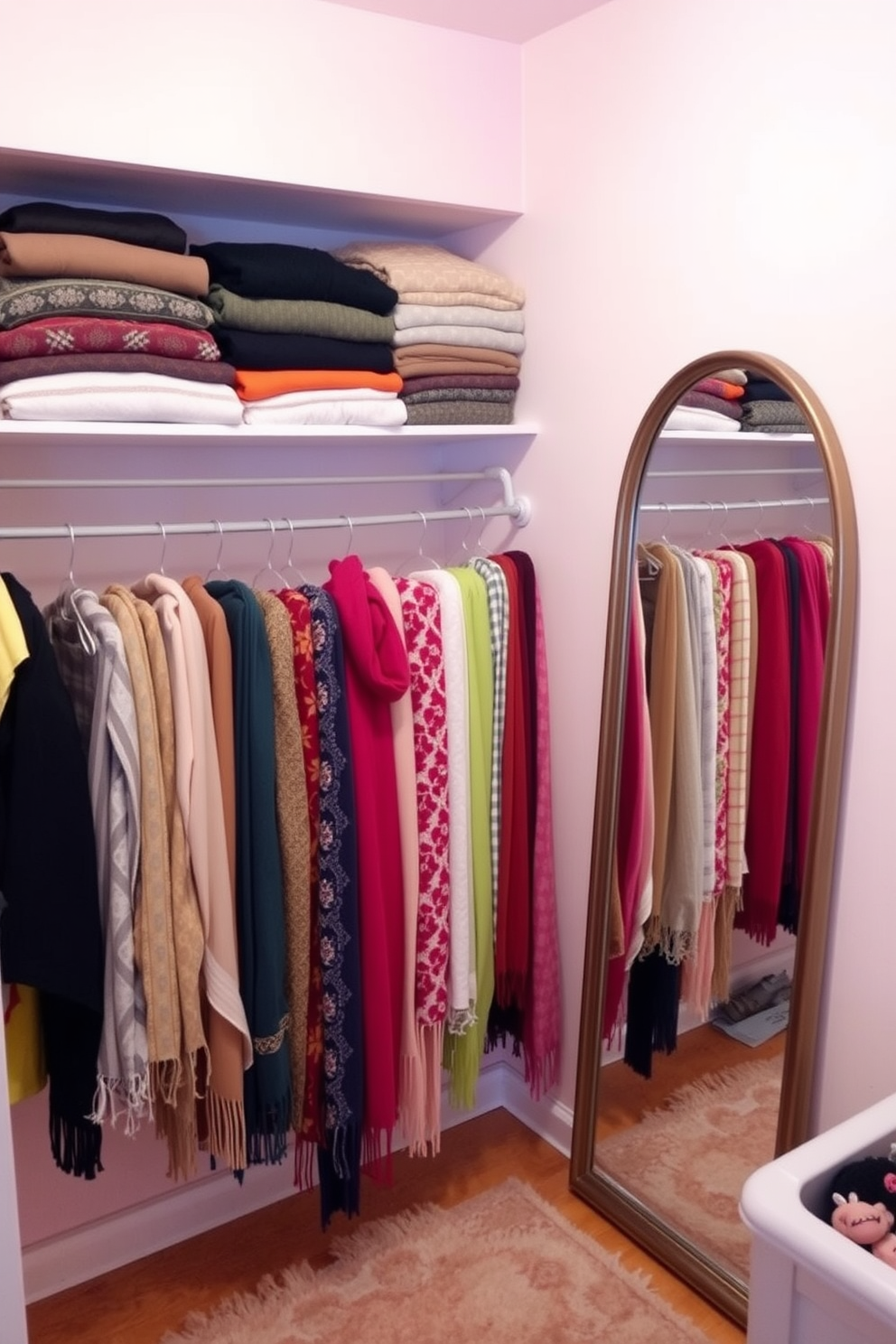 A cozy small bedroom featuring a minimalist design with a soft color palette. The room includes a compact bed with built-in storage underneath and a stylish mirror mounted on the wall to reflect light and create an illusion of space. A small closet is integrated into the design with sliding doors to maximize functionality. The decor is complemented by warm lighting and a few decorative elements such as a small plant and framed artwork.