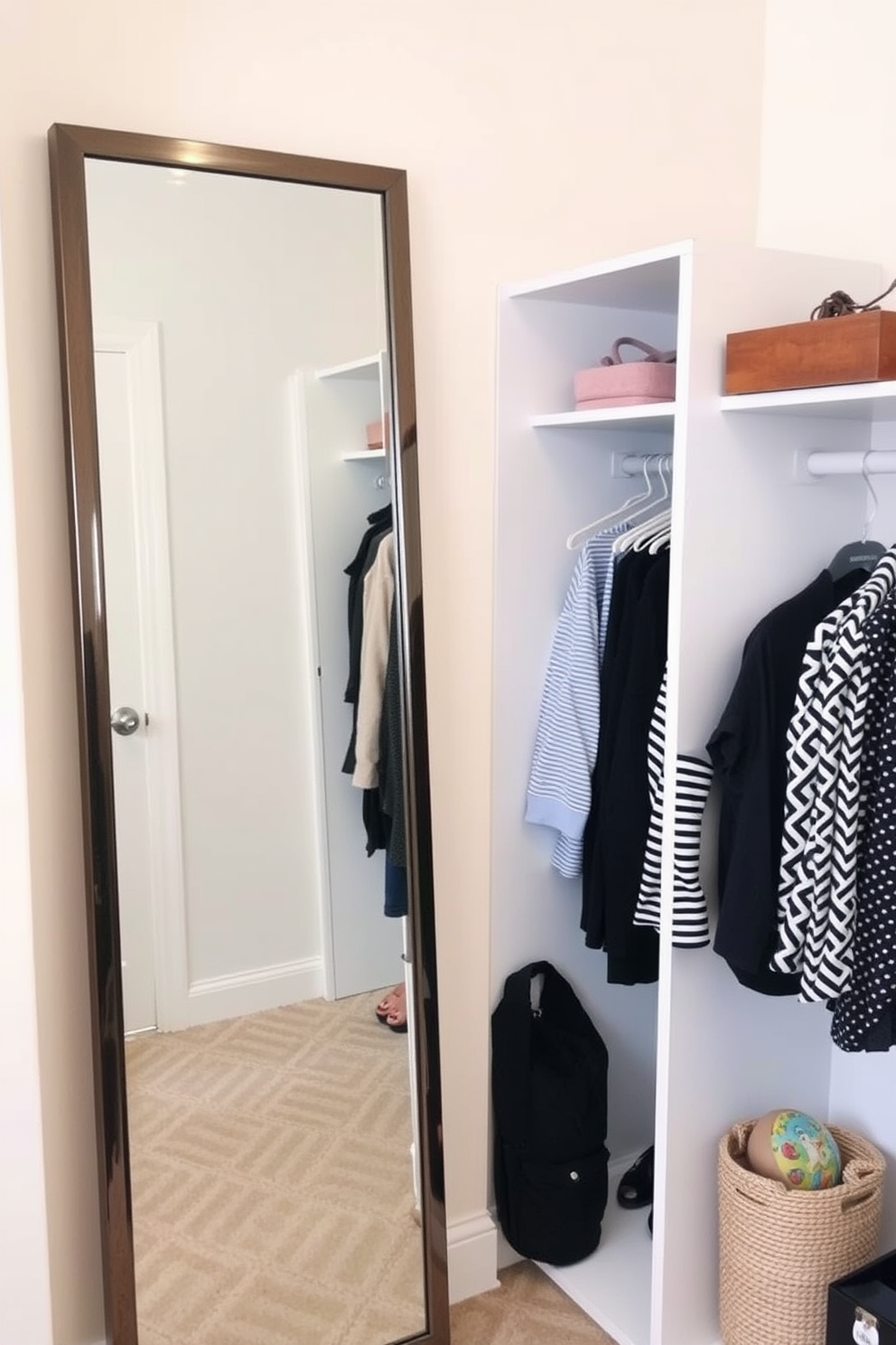 Create a cozy mini dressing area featuring a full-length mirror with a sleek frame. The space includes a small closet with open shelving and hanging rods for easy access to clothing and accessories.