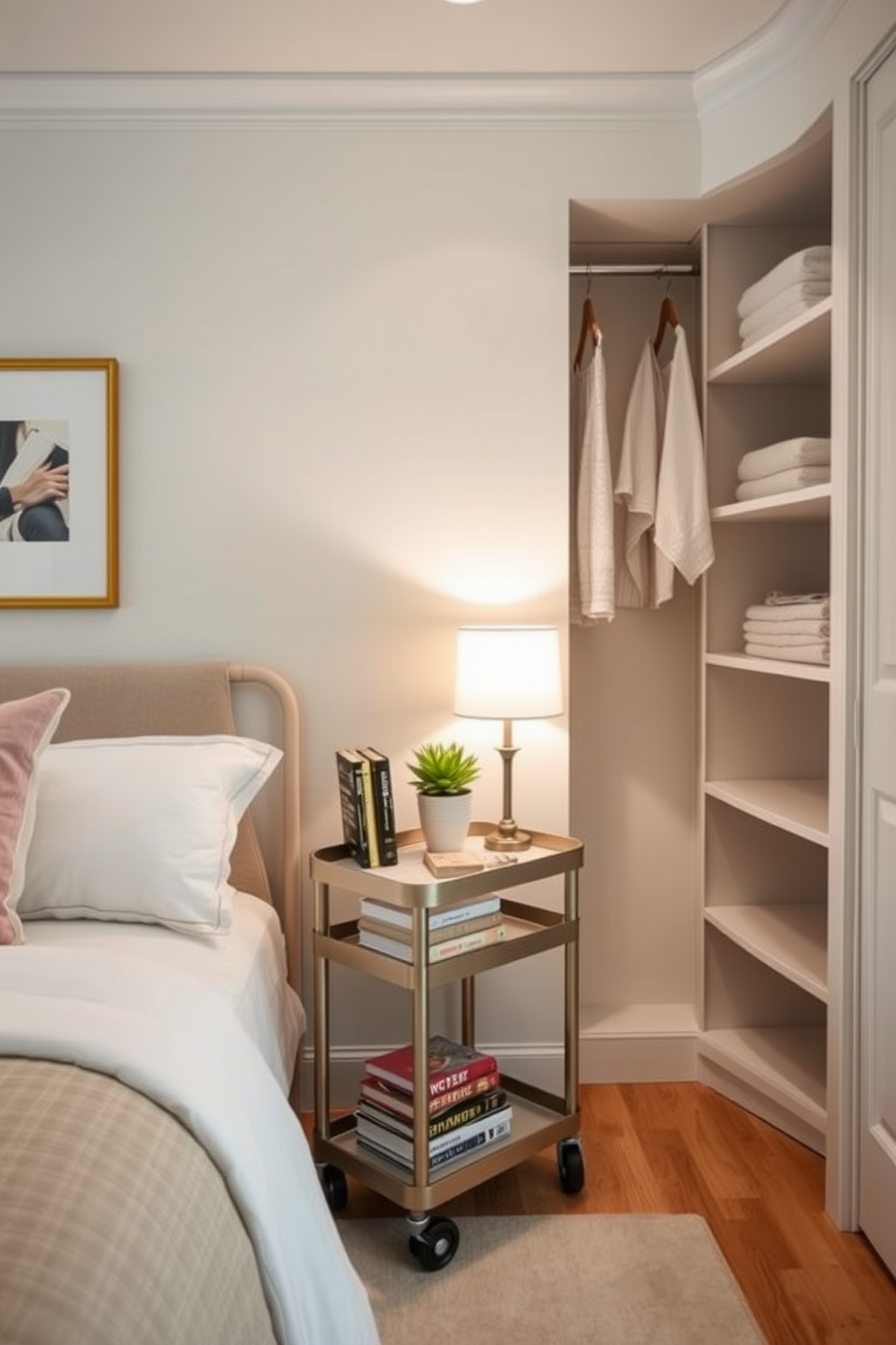 A small bedroom featuring a compact rolling cart that serves as a bedside table and storage solution. The cart is styled with decorative books, a small lamp, and a potted plant, adding both functionality and charm to the space. The closet is designed with open shelving and hanging rods to maximize storage while maintaining a clean aesthetic. Soft color palettes and minimalistic decor create a cozy and inviting atmosphere.