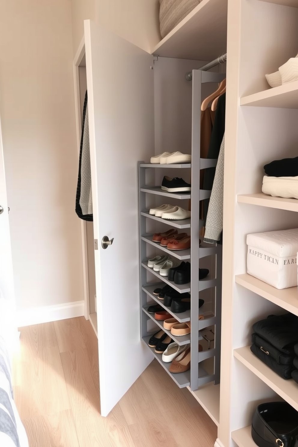 A small bedroom closet features a modern pull-out shoe rack that maximizes space and adds functionality. The walls are painted in a soft beige tone, and the flooring is a light wood finish that complements the overall aesthetic.