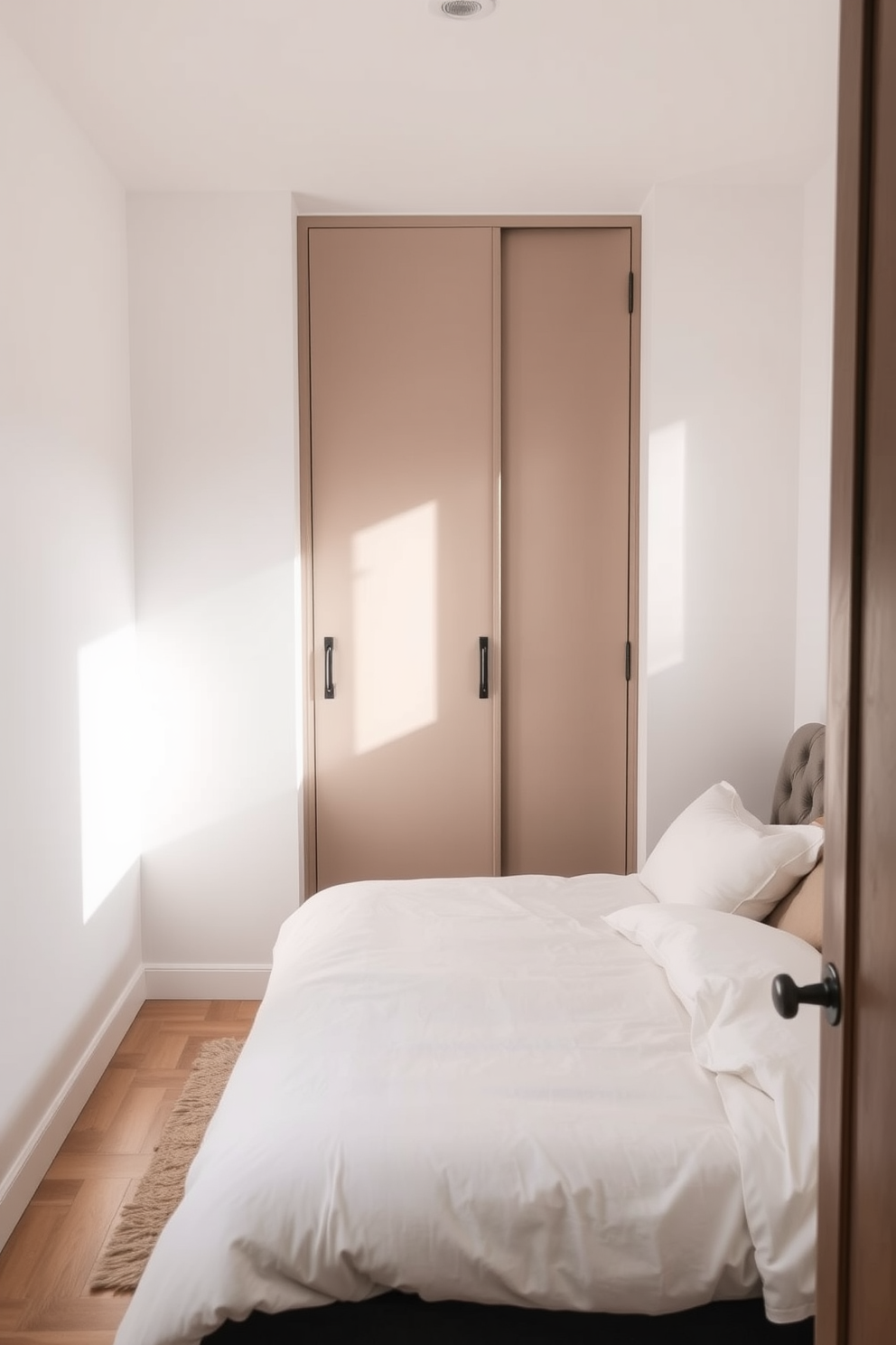 A cozy small bedroom featuring a minimalist bed with soft linens and a plush headboard. A small rug is placed beside the bed, adding warmth and texture to the space. The walls are painted in a light pastel color, creating an airy atmosphere. A compact closet with sliding doors is positioned against one wall, maximizing floor space while providing ample storage.