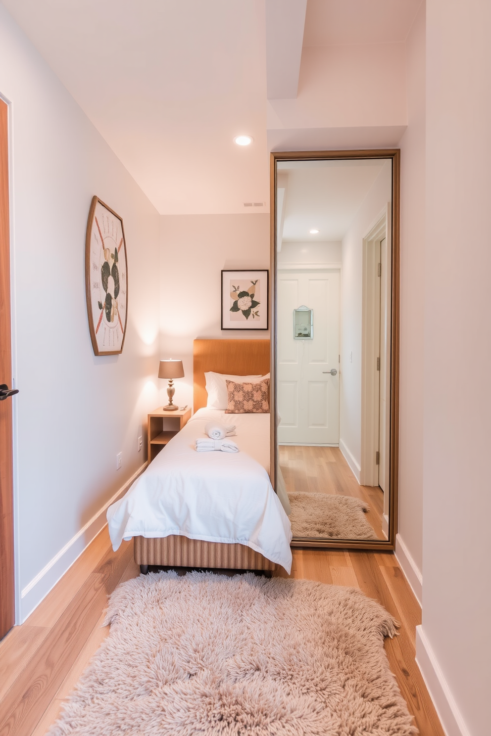 A cozy small closet bedroom design featuring a minimalist aesthetic. The walls are painted in soft pastel tones, and the flooring is a light oak wood that enhances the brightness of the space. In one corner, a compact wardrobe with sliding doors provides ample storage. Hooks for accessories and bags are mounted on the wall, adding functionality while keeping the area tidy.