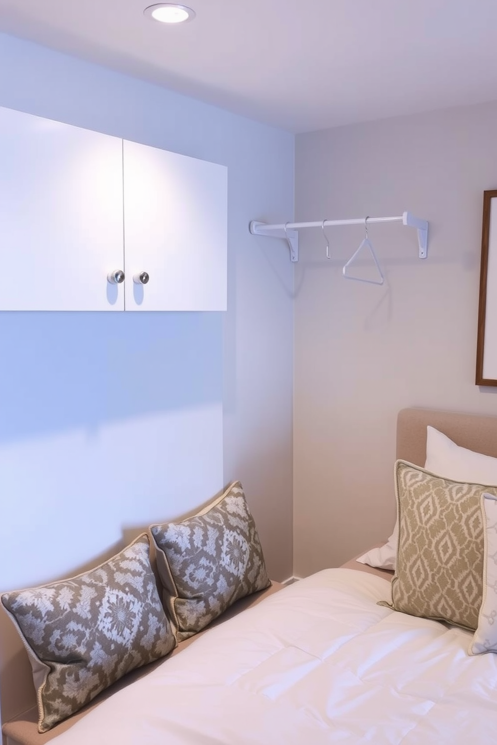 A cozy bedroom featuring a small closet with a compact hanging rod. The space is designed with soft neutral colors, a comfortable bed, and decorative pillows that add a pop of color.