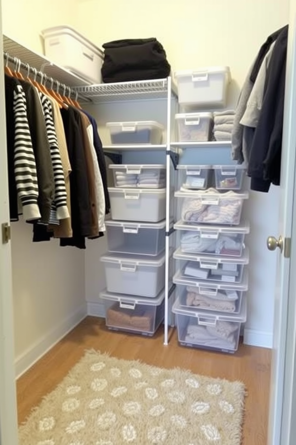 A small bedroom closet designed for optimal organization features clear storage bins that allow for easy visibility of contents. The walls are painted in a soft pastel color, and a cozy rug lays on the floor, creating a warm and inviting atmosphere.