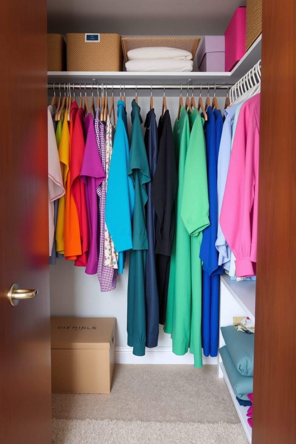 Create a small closet bedroom design featuring a color-coded clothing system. The closet is organized with hanging rods and shelves, displaying clothes arranged by color for easy access and a visually appealing look.