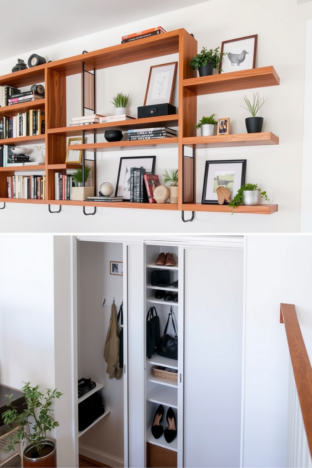 Open shelving for books and decor features a combination of wooden shelves in varying lengths mounted on a wall. The shelves are adorned with a curated selection of books, decorative objects, and plants, creating a cozy and inviting atmosphere. Small closet under staircase design ideas showcase a clever use of space with sliding doors that blend seamlessly with the staircase. Inside, the closet is organized with shelves for shoes, hooks for bags, and a small section for seasonal items, maximizing functionality while maintaining a tidy appearance.