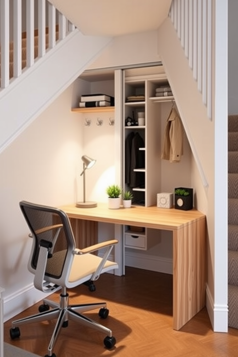 A small desk for home office setup featuring a sleek design with a light wood finish. The desk is positioned against a wall with a comfortable ergonomic chair and a stylish lamp, complemented by a few decorative plants on the surface. Small closet under staircase design ideas showcasing efficient use of space with built-in shelving and hooks. The closet is painted in a soft white color, with a sliding door that blends seamlessly into the staircase, providing both functionality and aesthetic appeal.