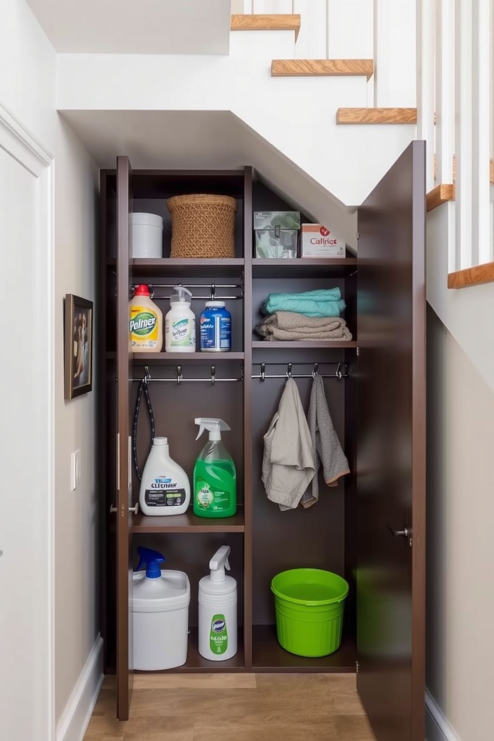 Bright play area for kids under stairs. The space is filled with colorful storage bins and soft cushions, creating a cozy nook for playtime. Small closet under staircase design ideas. The closet features built-in shelves for shoes and games, with a cheerful wallpaper that adds a playful touch.