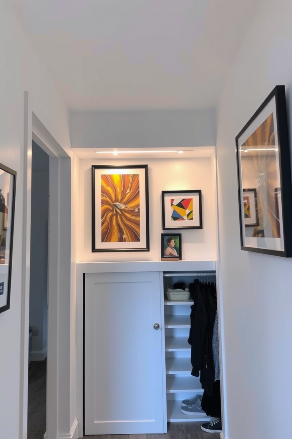 A functional laundry space features a stacked washer and dryer neatly tucked into a corner. The walls are painted in a soft gray, and open shelving above provides storage for detergents and supplies. The small closet under the staircase is designed with sliding doors to maximize space. Inside, shelves are arranged for shoes and accessories, while a small bench offers a convenient seating area.