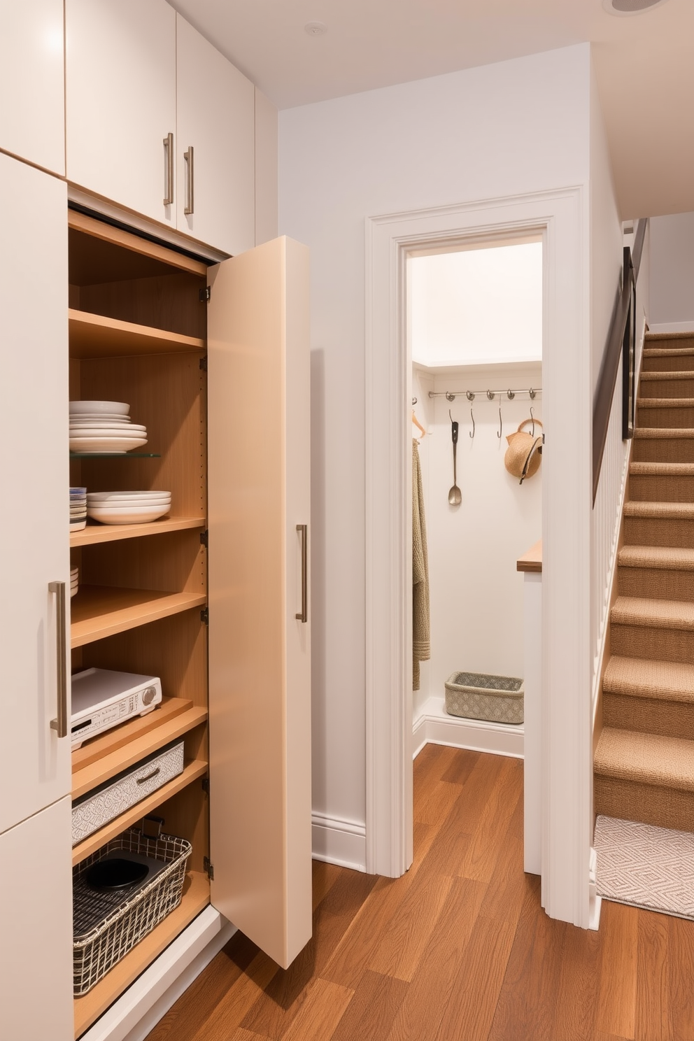 A hidden coat closet with a mirror front seamlessly blends functionality and style. The mirrored surface reflects light and creates an illusion of space, while the interior features organized hooks and shelves for coats and accessories. Small closet under staircase design ideas maximize otherwise unused space. Clever shelving and storage solutions can be incorporated to create a charming and efficient area for shoes, bags, and seasonal items.