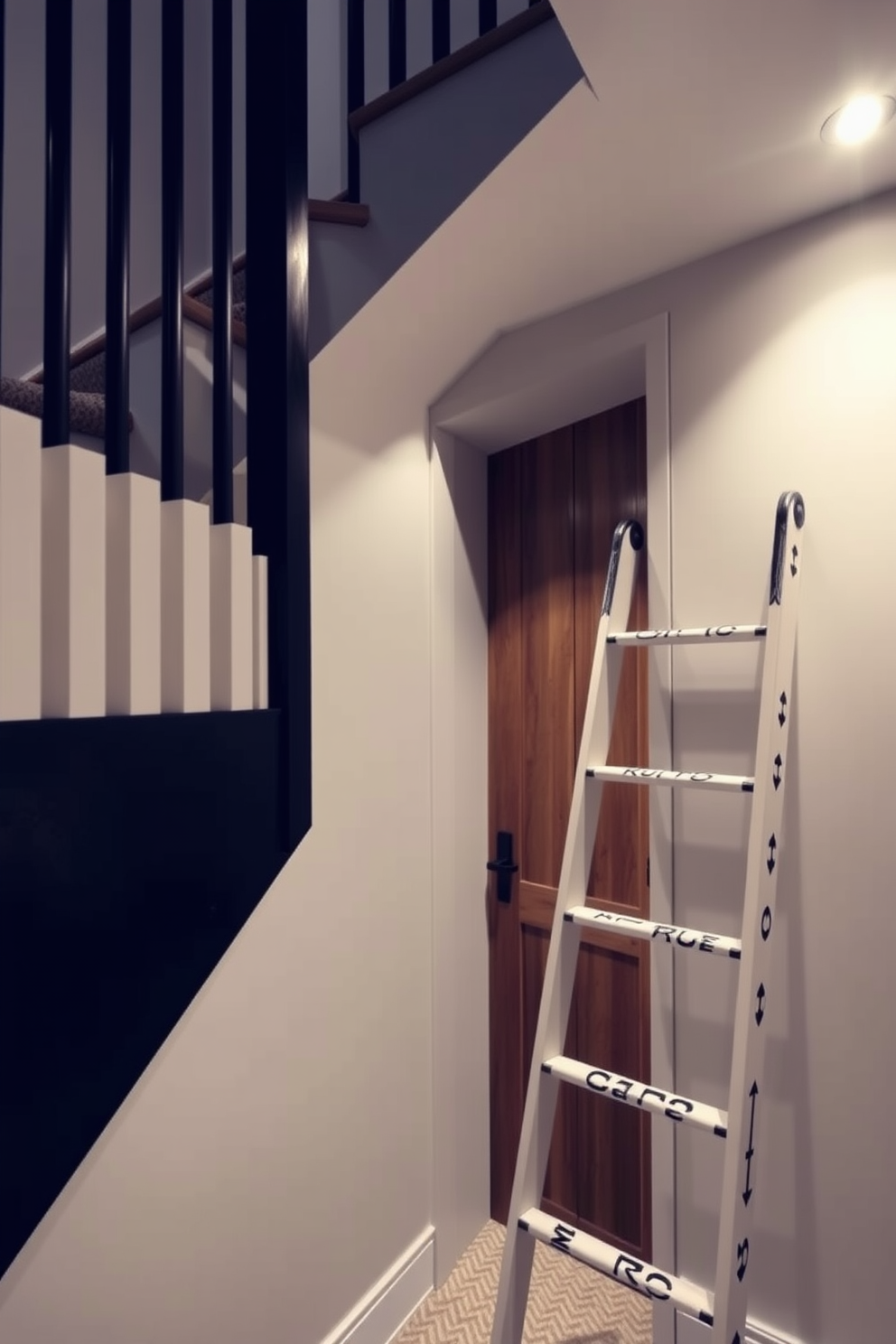 A decorative ladder leans against the wall, providing stylish access to a small closet tucked under the staircase. The closet features a sleek wooden door, and the space is illuminated by soft recessed lighting that enhances the cozy atmosphere.