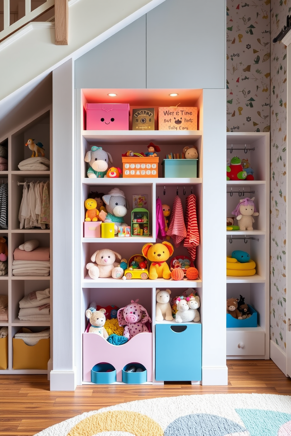 Childrens toy storage with playful decor. The storage unit is designed with bright colors and fun shapes, featuring open shelves filled with various toys and plush animals. Small closet under staircase design ideas. The closet is optimized with built-in shelving and hooks, decorated with whimsical wallpaper and soft lighting to create a cozy atmosphere.