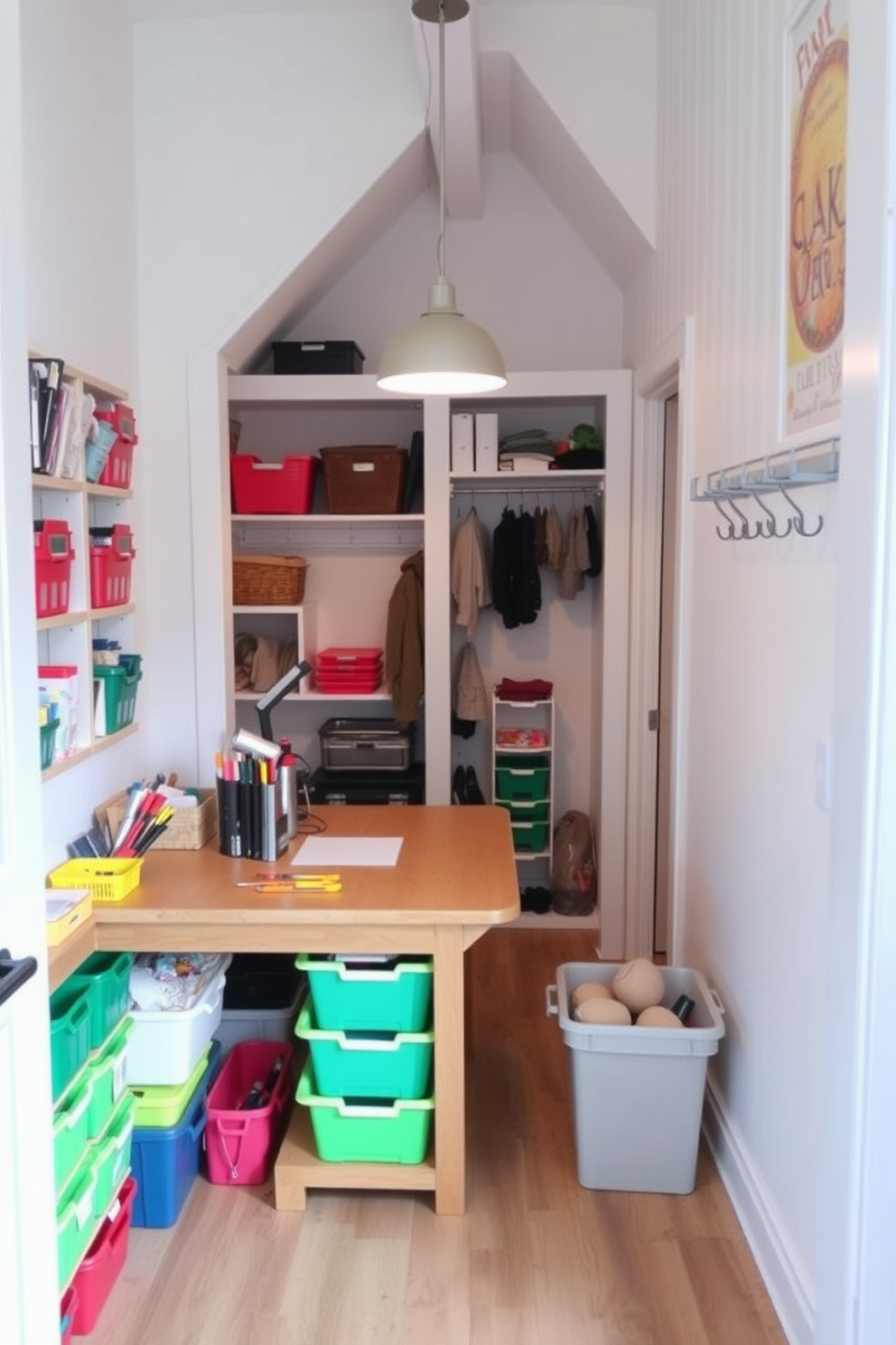 A wall-mounted desk is designed for a small workspace featuring a sleek wooden surface and minimalist metal brackets. Above the desk, floating shelves display books and decorative items, while a comfortable chair complements the modern aesthetic. The small closet under the staircase is optimized for storage with built-in shelving and hanging space. Soft lighting illuminates the interior, and a sliding door adds a touch of elegance to the compact design.