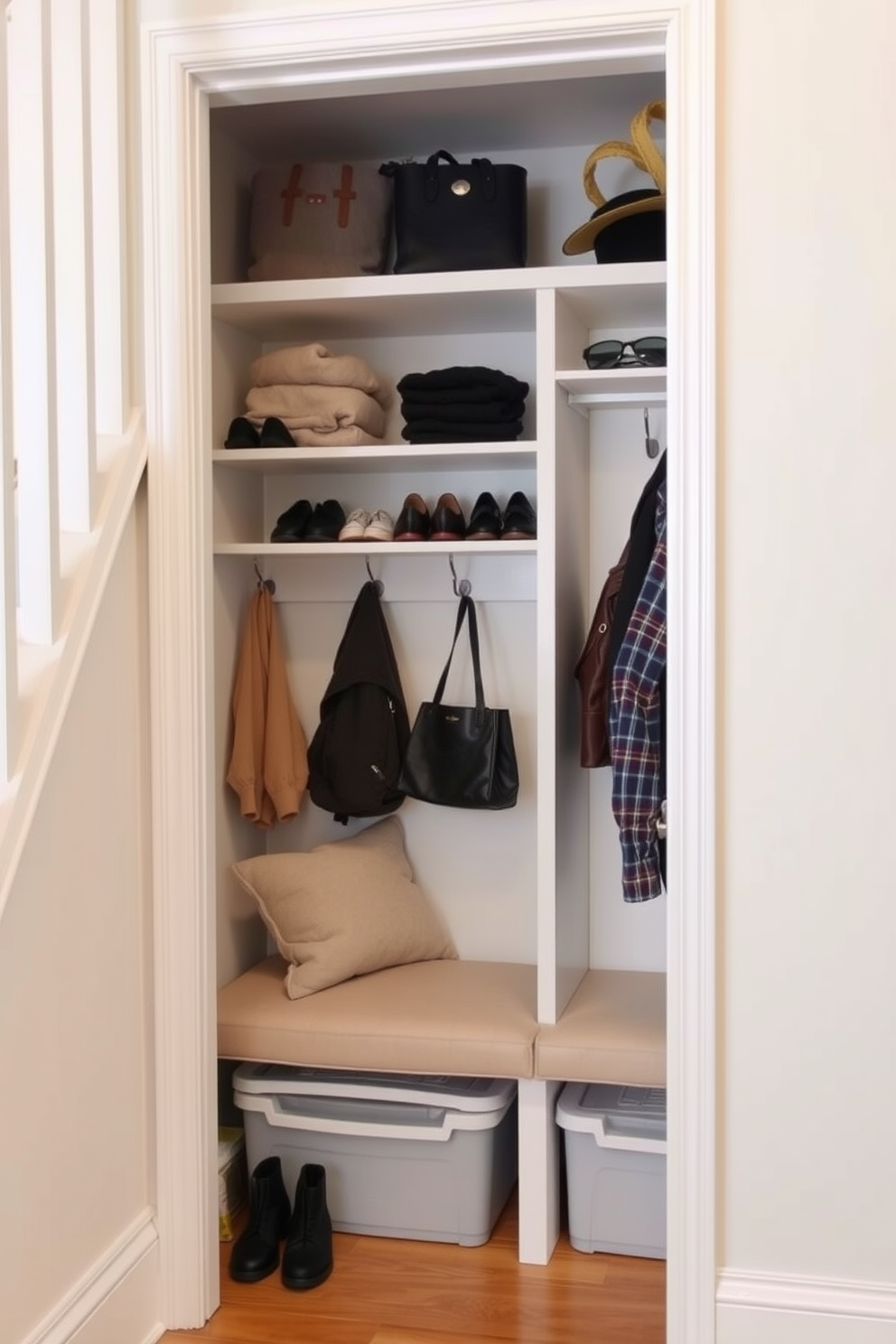 A small closet under the staircase is designed for seasonal clothing rotation. It features built-in shelving for neatly organizing shoes and accessories, while hooks on the inside of the door provide additional storage for bags and hats. The walls are painted in a soft neutral tone to create a bright and airy feel. A small bench is placed inside for convenience, with storage bins underneath for off-season clothing.